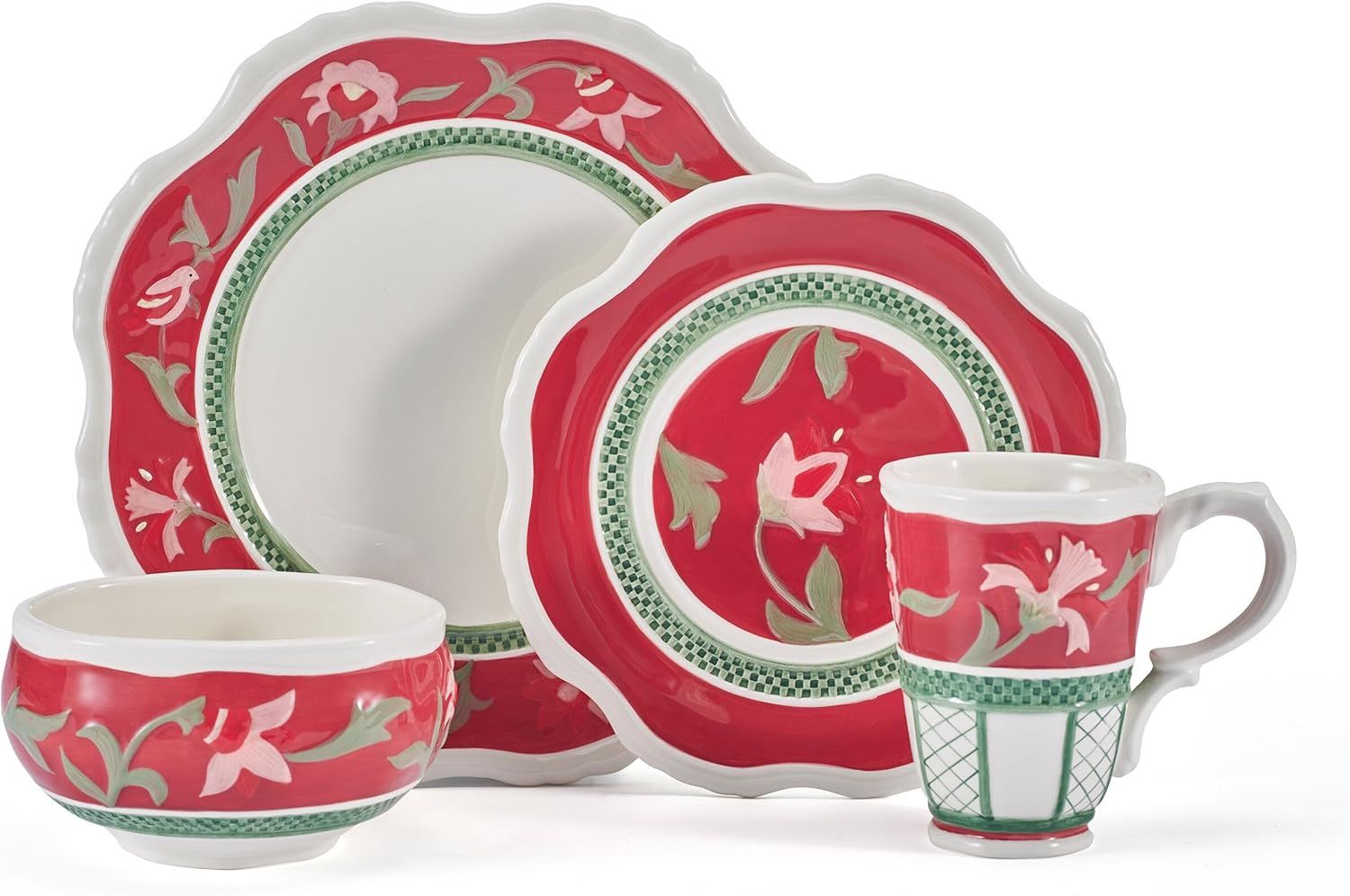 Red and Green Floral Ceramic 16-Piece Dinnerware Set