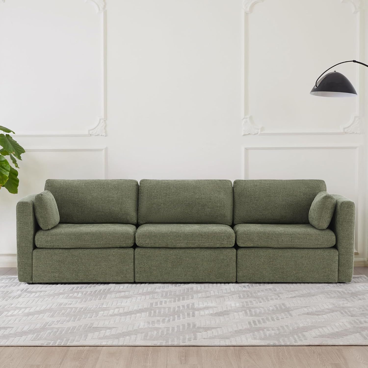 Moss Green Linen Three-Piece Modular Sofa with Ottoman