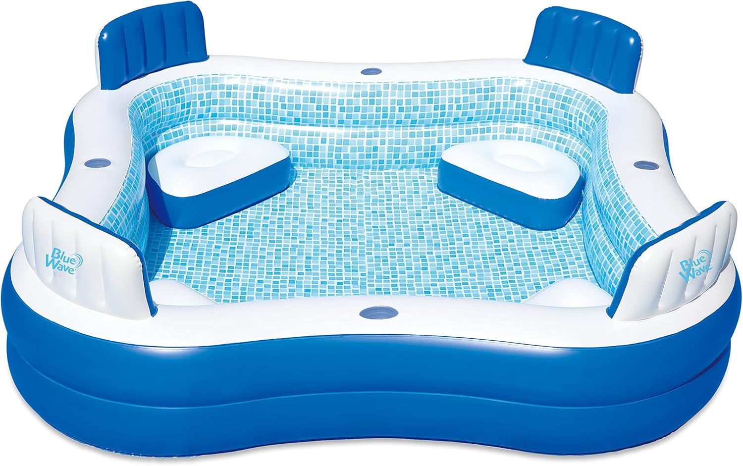 Blue and White Square Inflatable Pool with Cushioned Seats