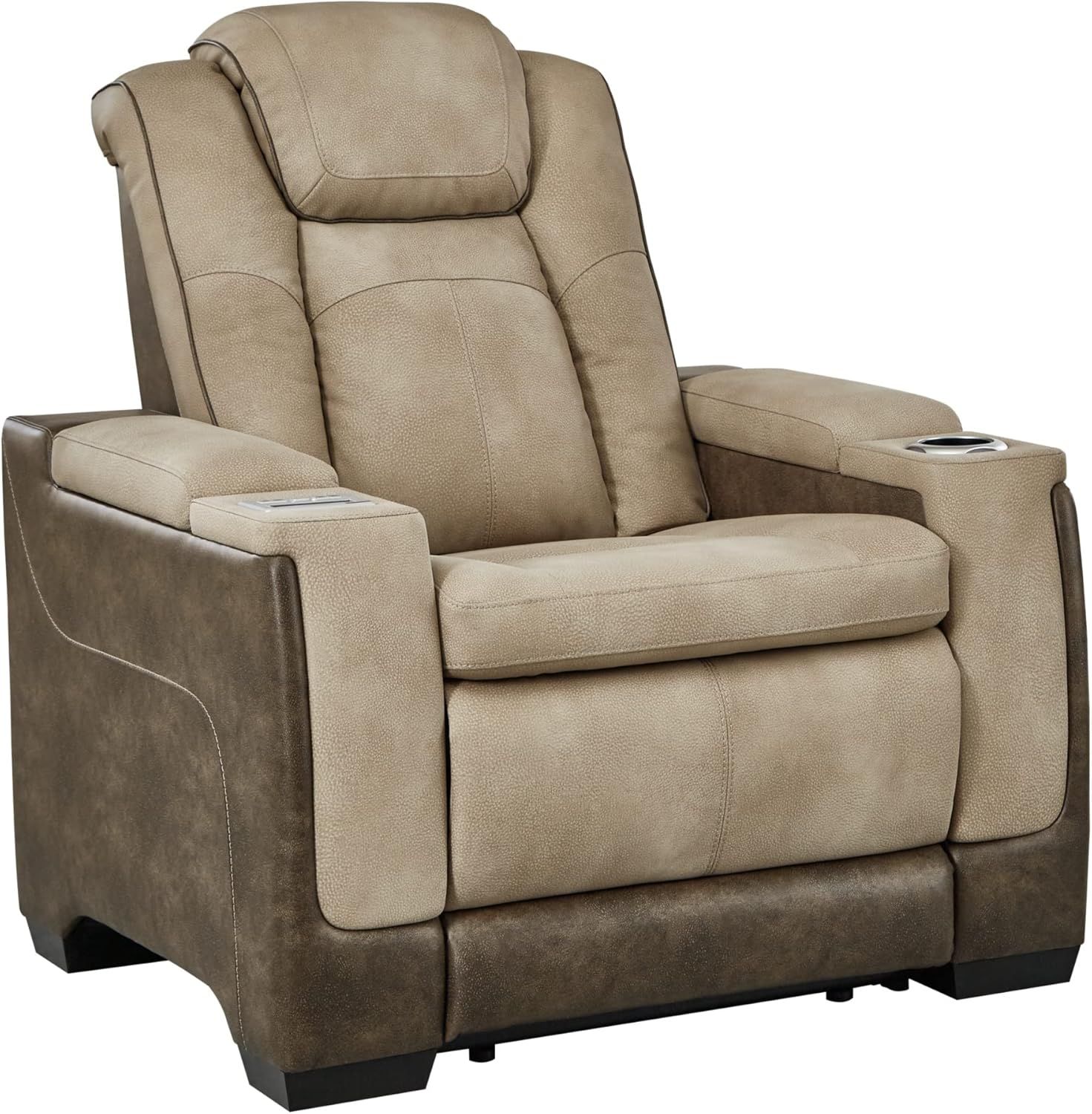 Sand Faux Leather Contemporary Power Recliner with USB Charging