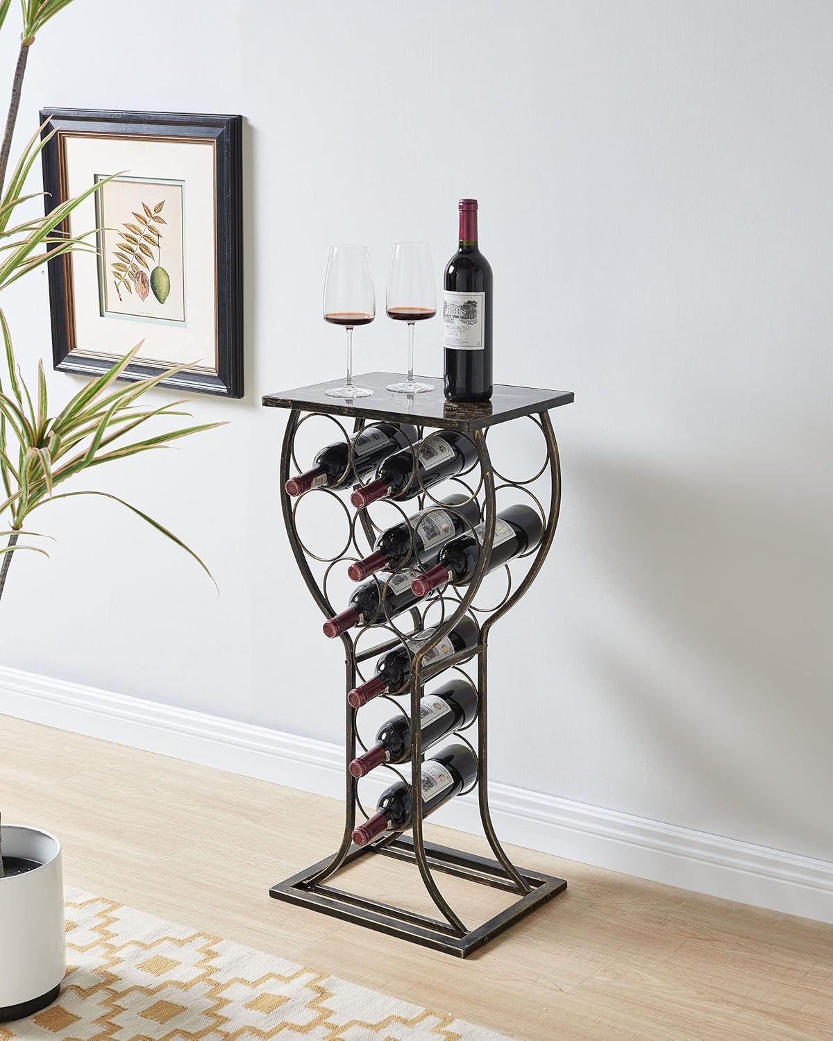 Brushed Gold Metal and Marble Freestanding Wine Rack