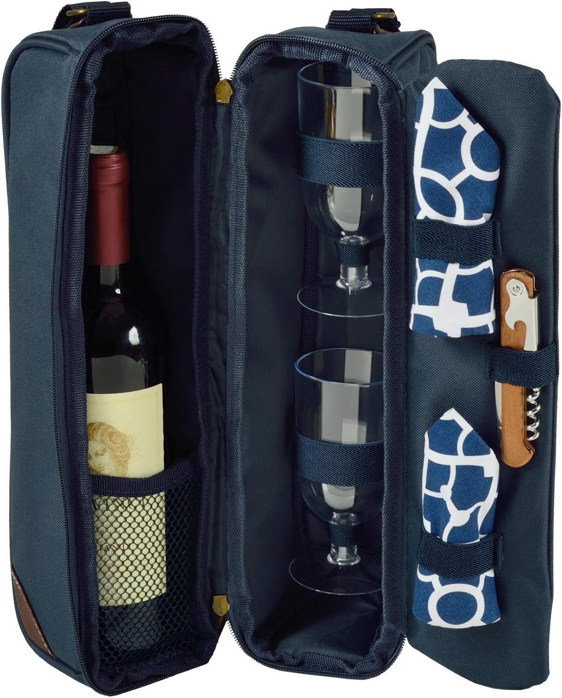 Trellis Blue Insulated Wine Tote with Glasses and Accessories