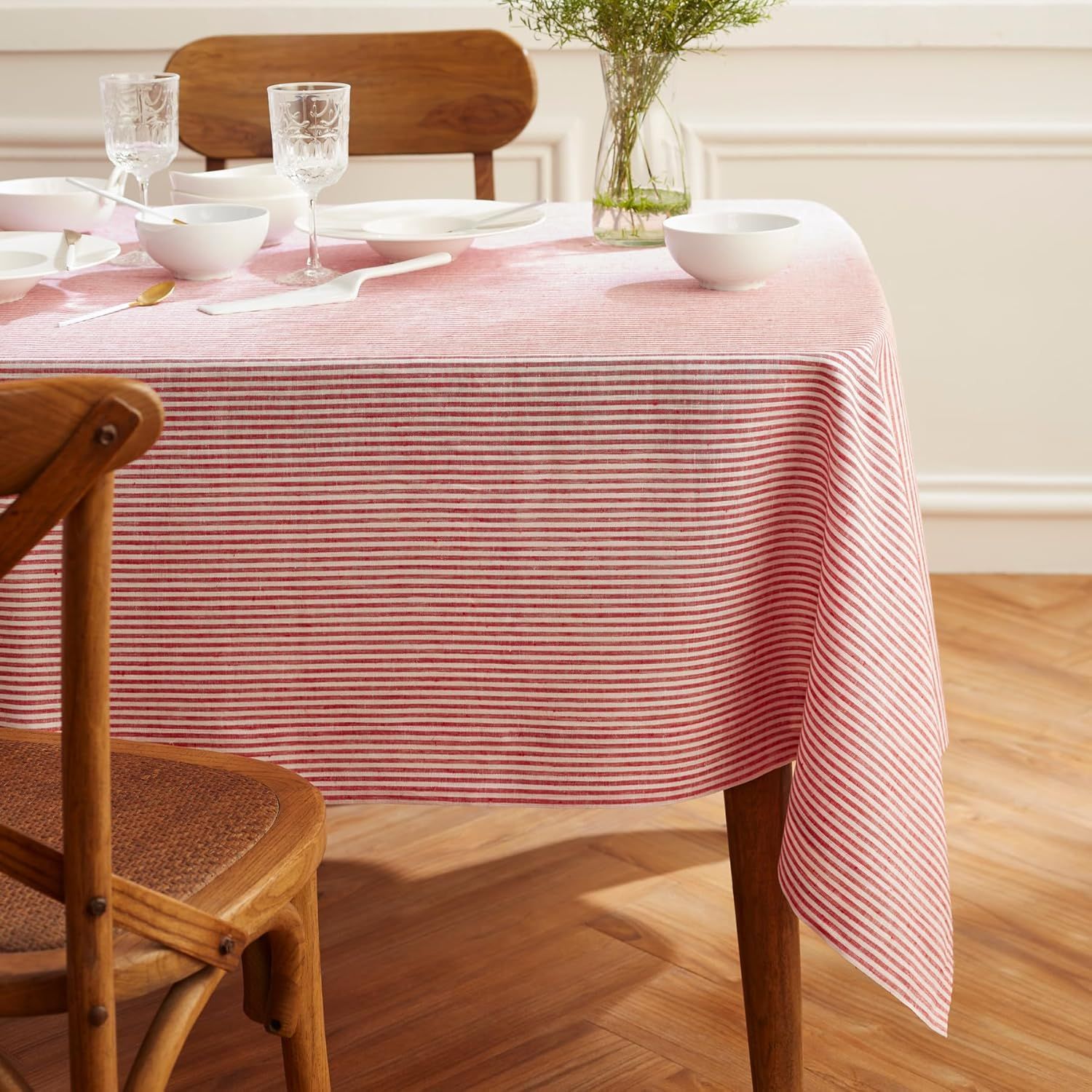 Red and White Striped Linen Rectangular Tablecloth 60 x 90 Inch