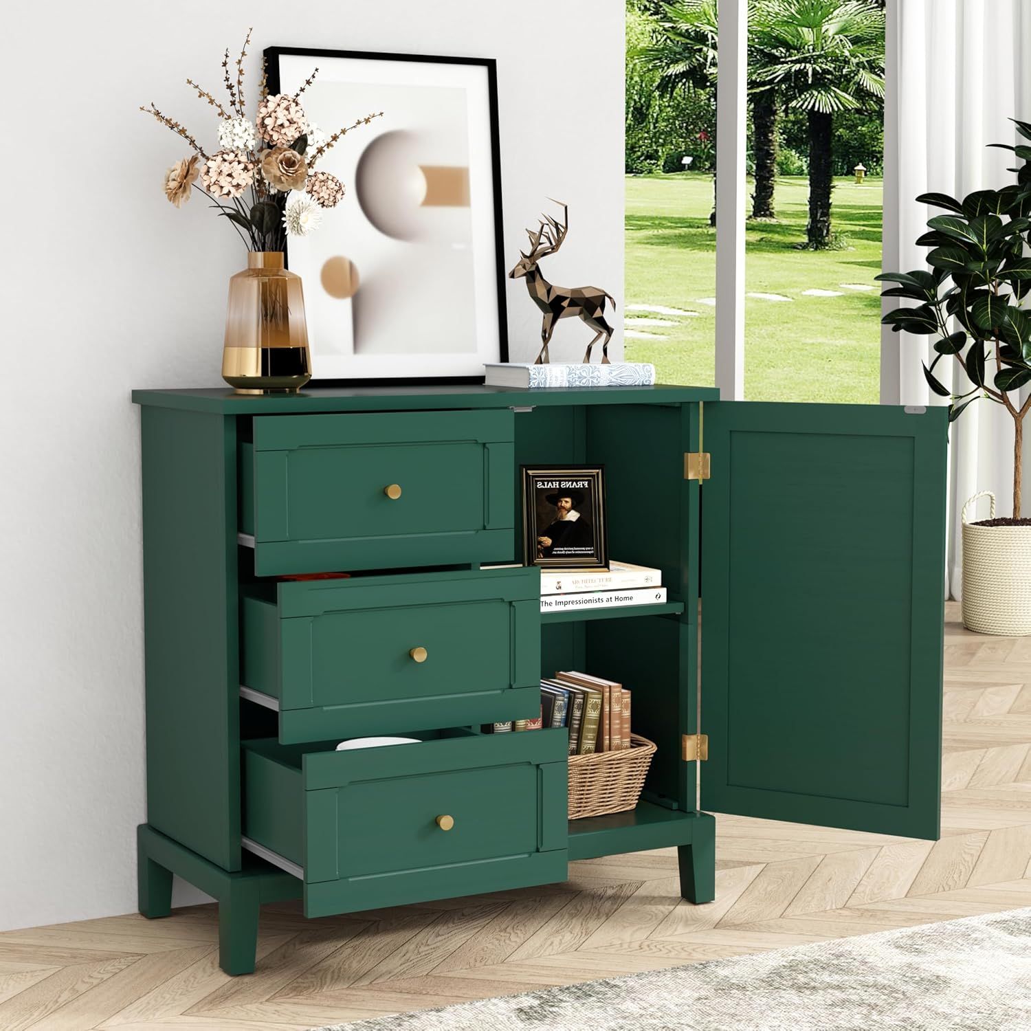 Green Wooden Freestanding Office Accent Cabinet with Drawers and Door