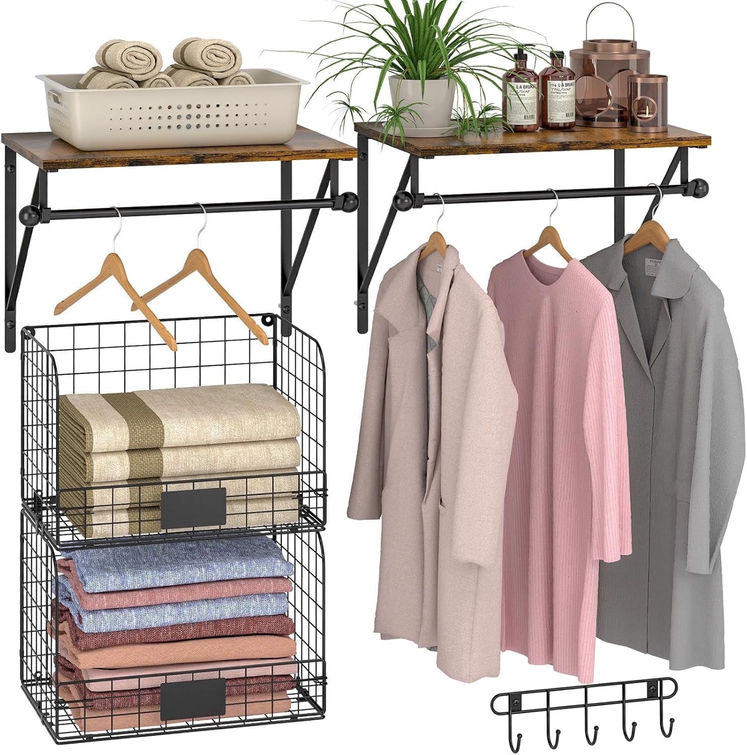 Black Wood and Metal Wall-Mounted Laundry Shelves with Wire Baskets