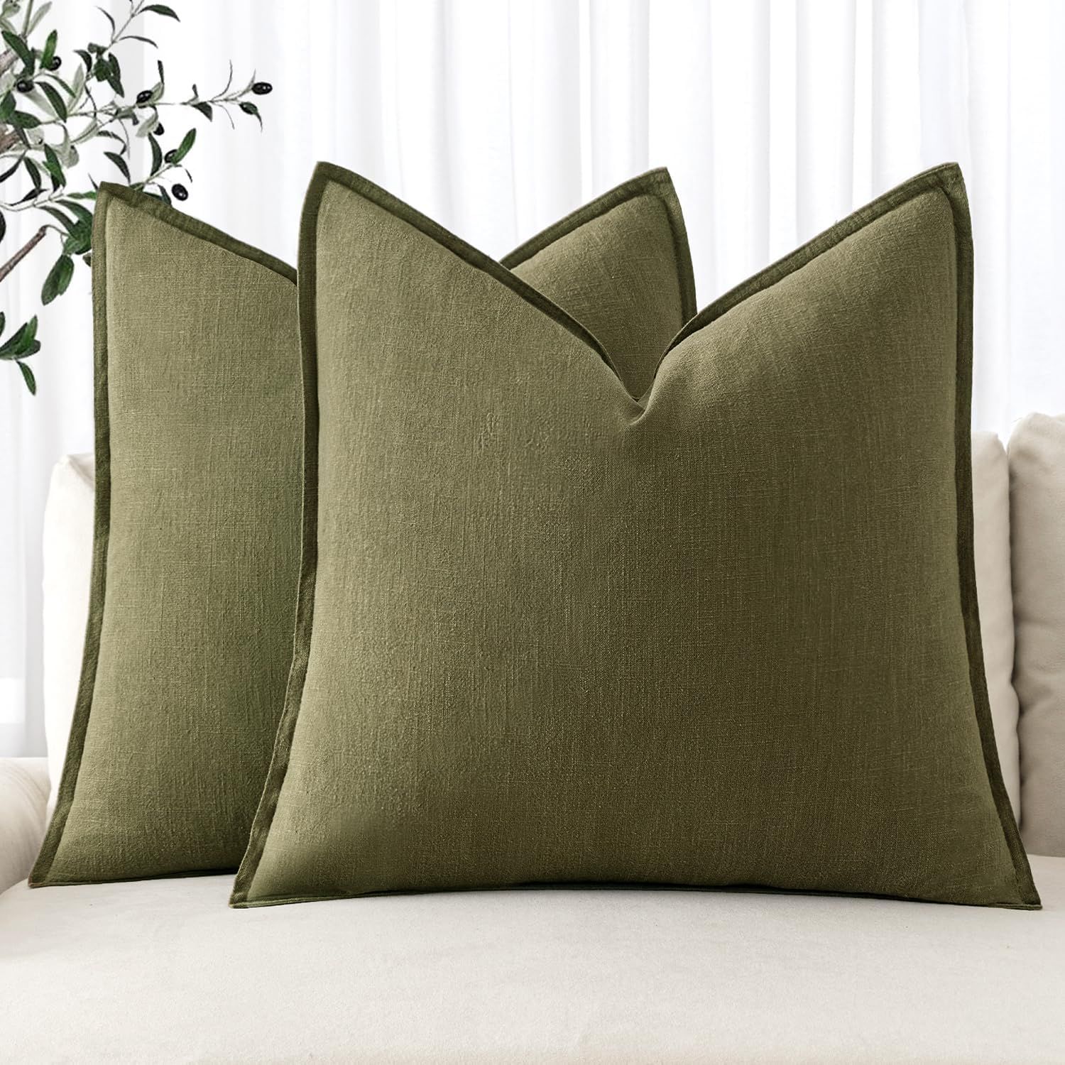 Olive Green Linen and Cotton 20x20 Inch Decorative Pillow Covers Set