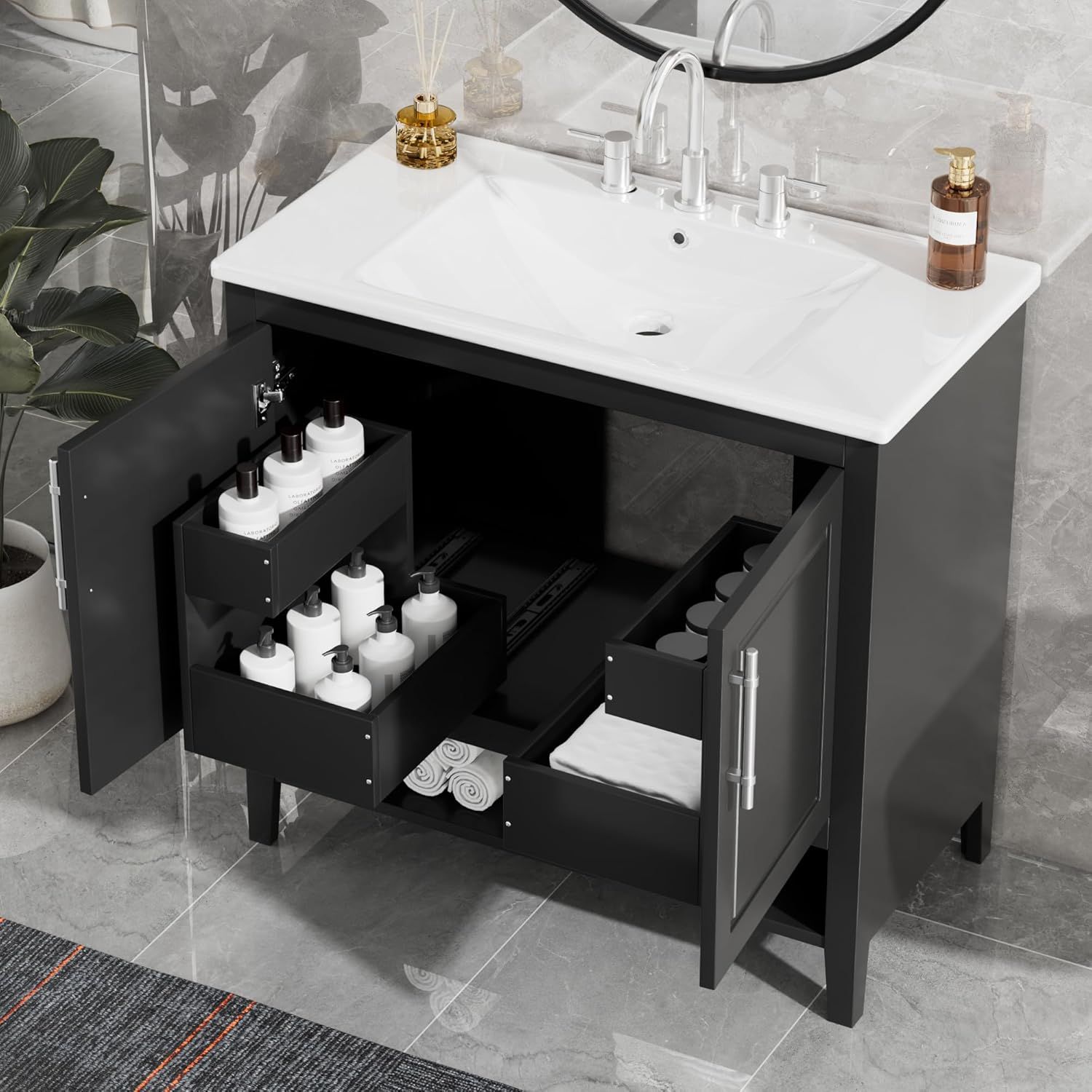 Modern Black 36" Freestanding Bathroom Vanity with Ceramic Sink