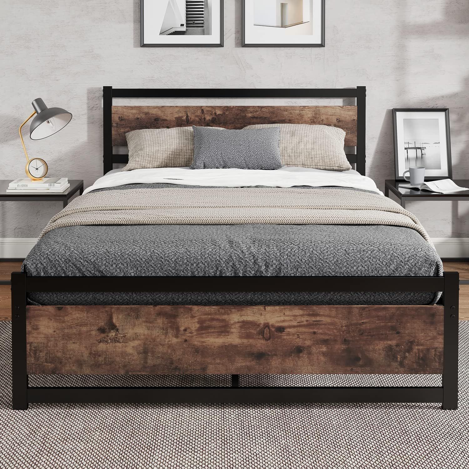 King Black Metal Frame with Rustic Wood Headboard