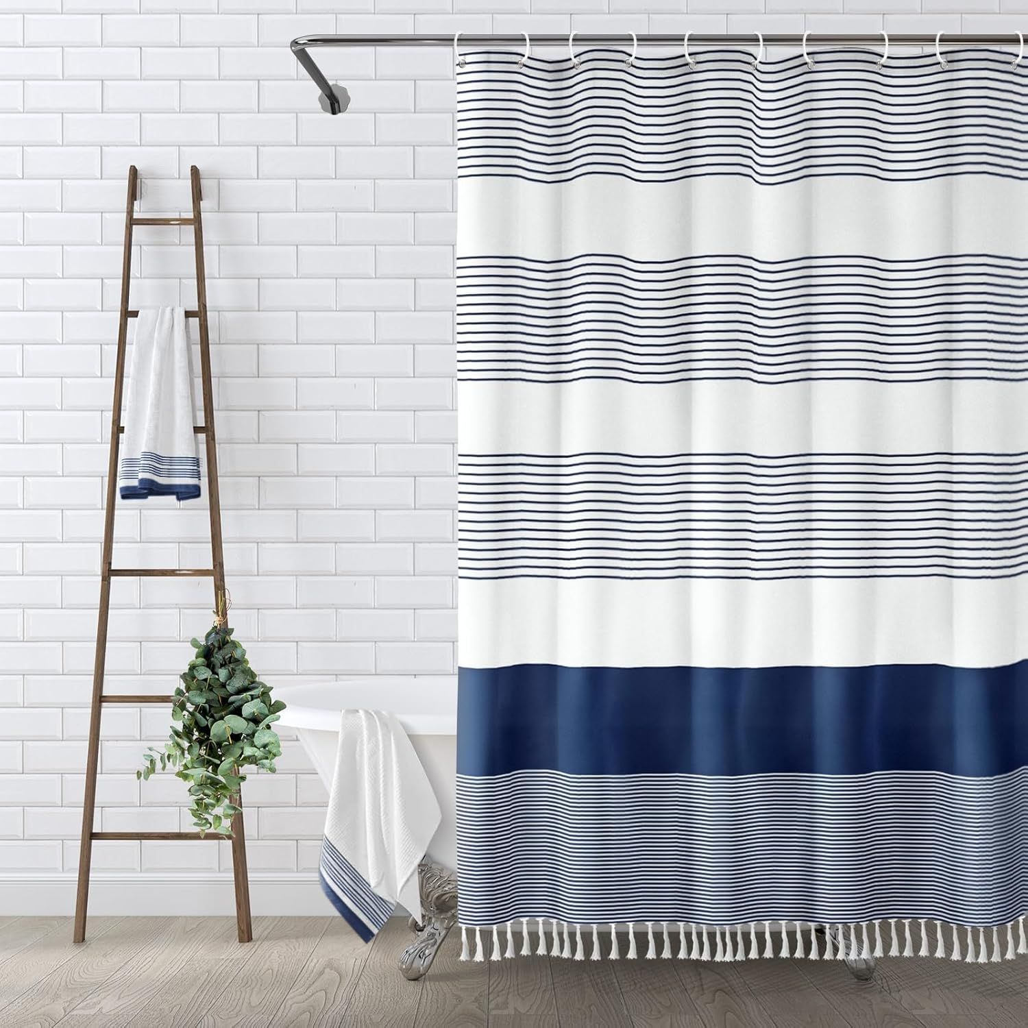 Navy and White Striped Linen Cotton Boho Shower Curtain