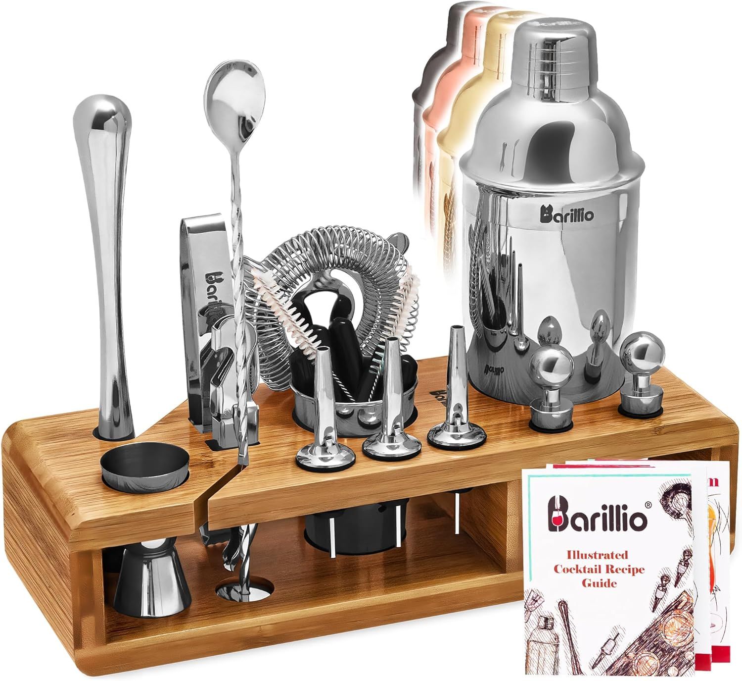 23-Piece Silver Stainless Steel Bartender Kit with Bamboo Stand