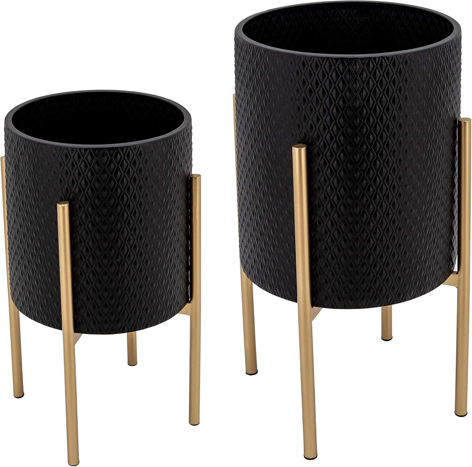 Textured Diamond Metal Planter Stands in Black and Gold, Set of 2