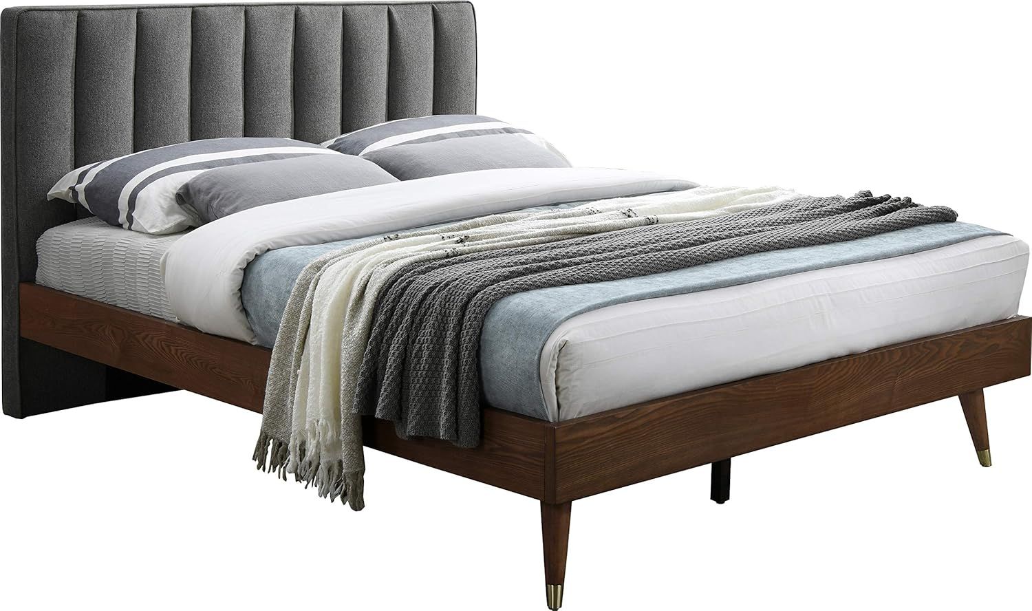 Elegant Vance Grey Linen Queen Bed with Tufted Wood Frame