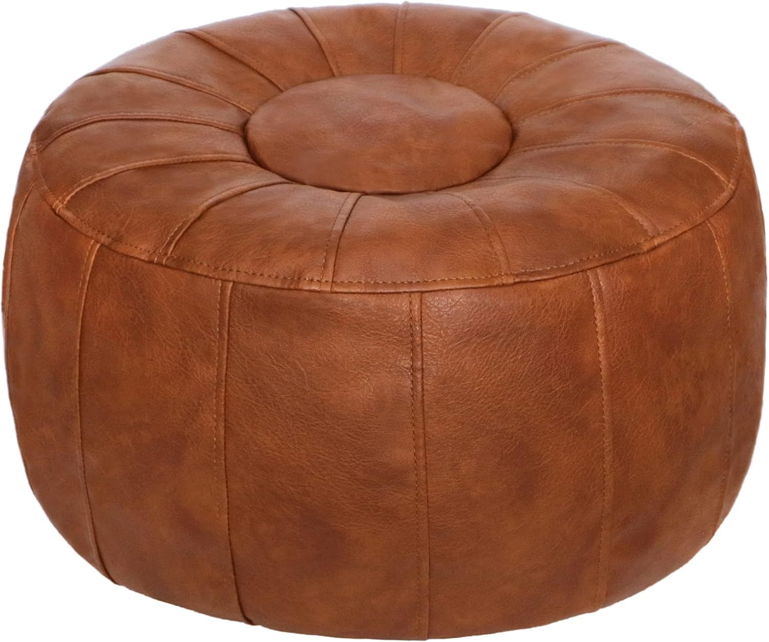 Light Brown Faux Leather Round Moroccan Pouf