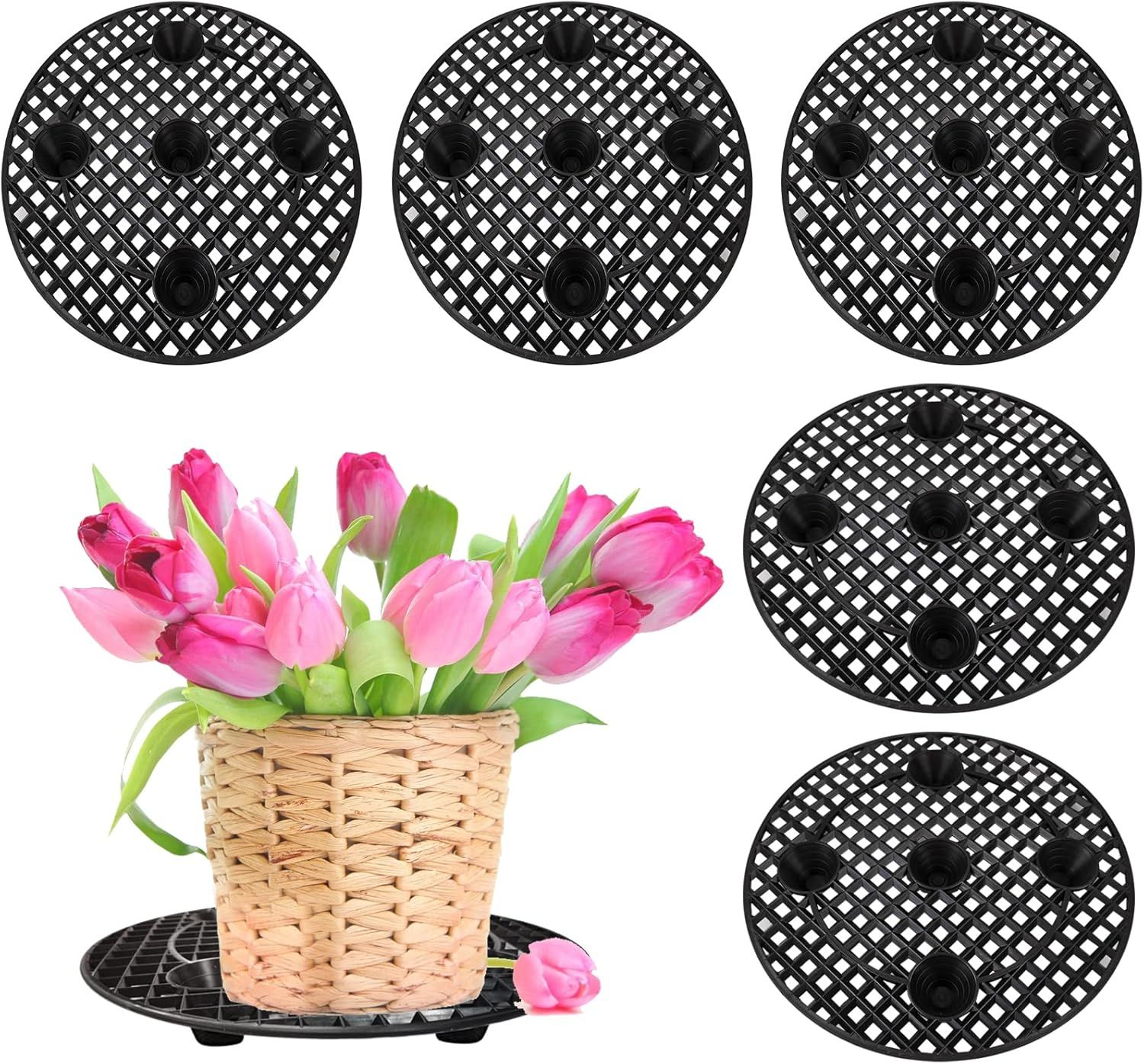 Black Plastic Round Plant Pot Elevators, Set of 6