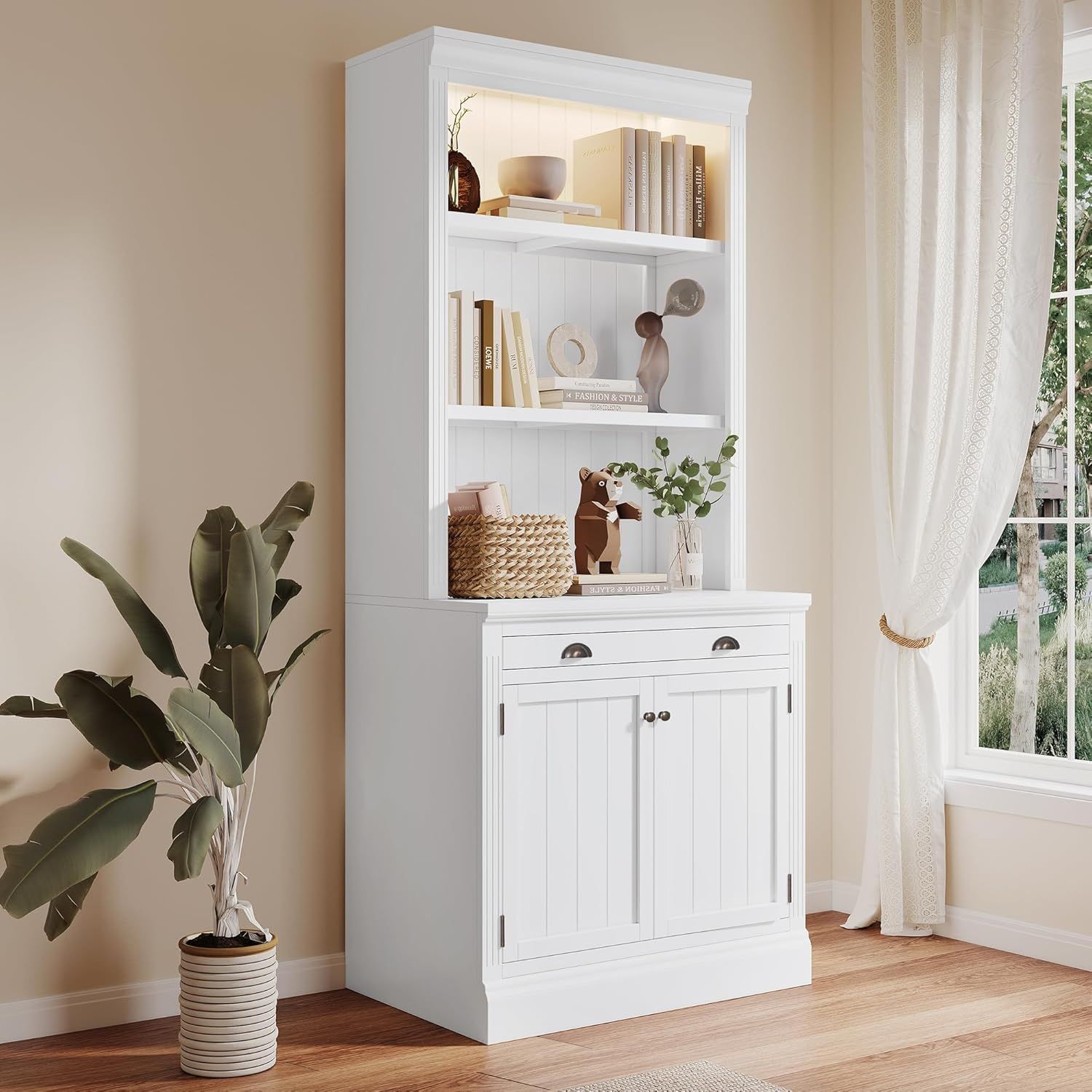 White Solid Wood Tall Bookcase with Doors and Drawer