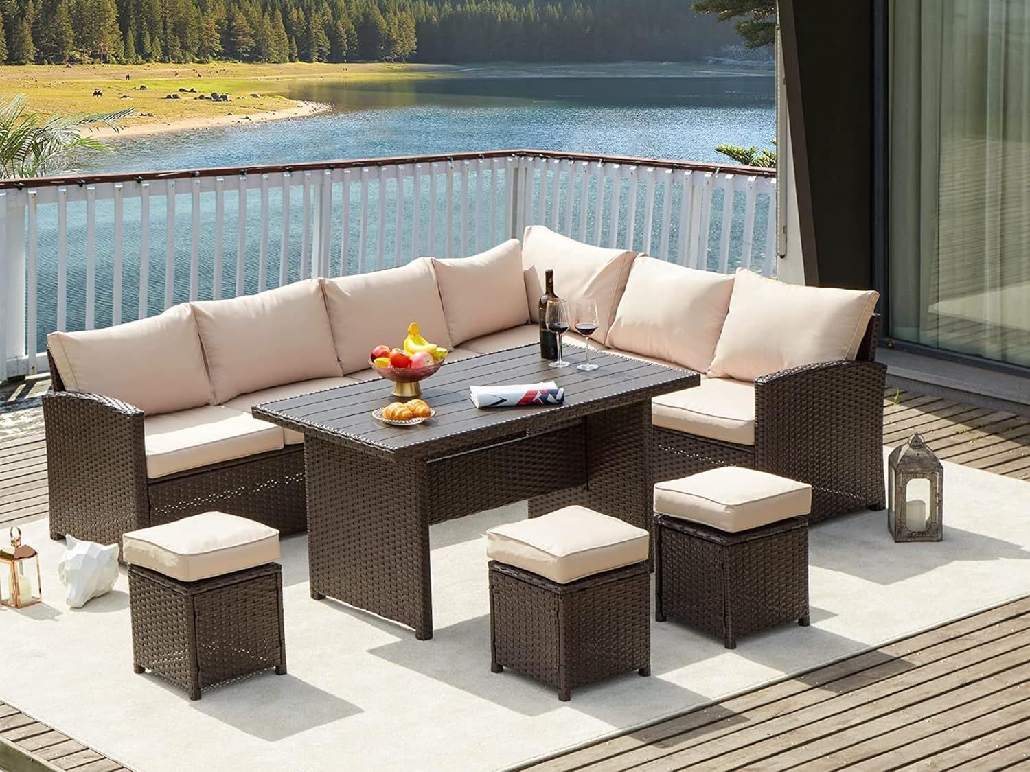 7-Piece Beige Cushioned Brown Wicker Patio Furniture Set