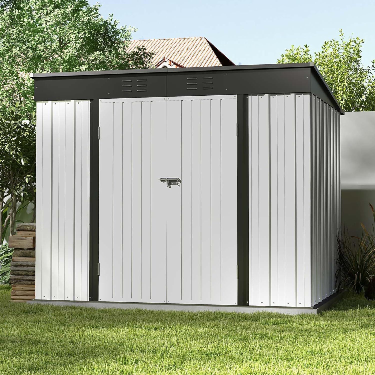 8' x 6' White and Black Metal Outdoor Storage Shed