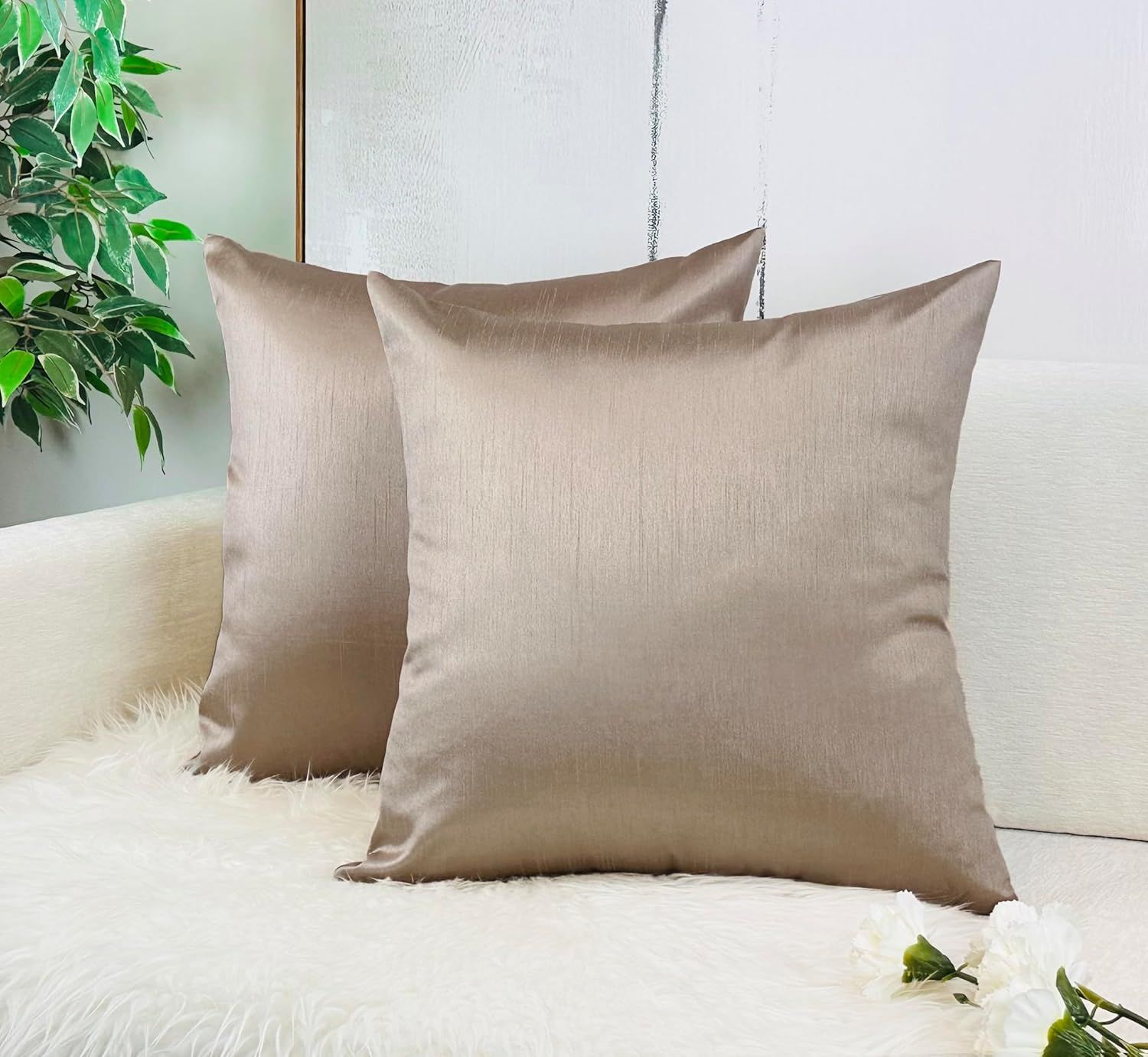 Sand Faux Silk 18" Euro Throw Pillow Covers, Set of 2