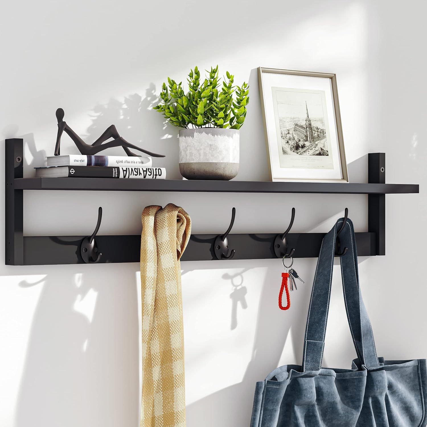 Black Wall-Mounted Shelf with 5 Dual Hooks