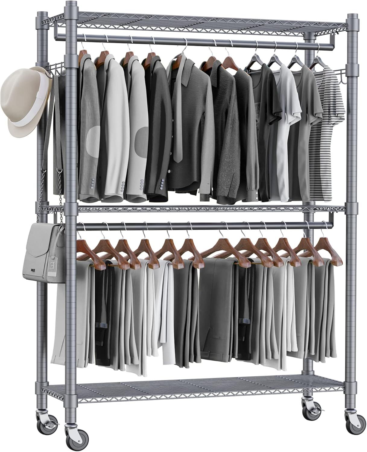 Gray Industrial Metal 3-Shelf Rolling Garment Rack with Hooks