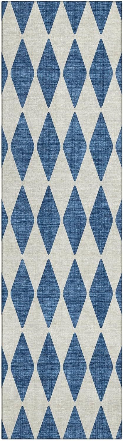 Navy and Beige Diamond Pattern Washable Runner Rug