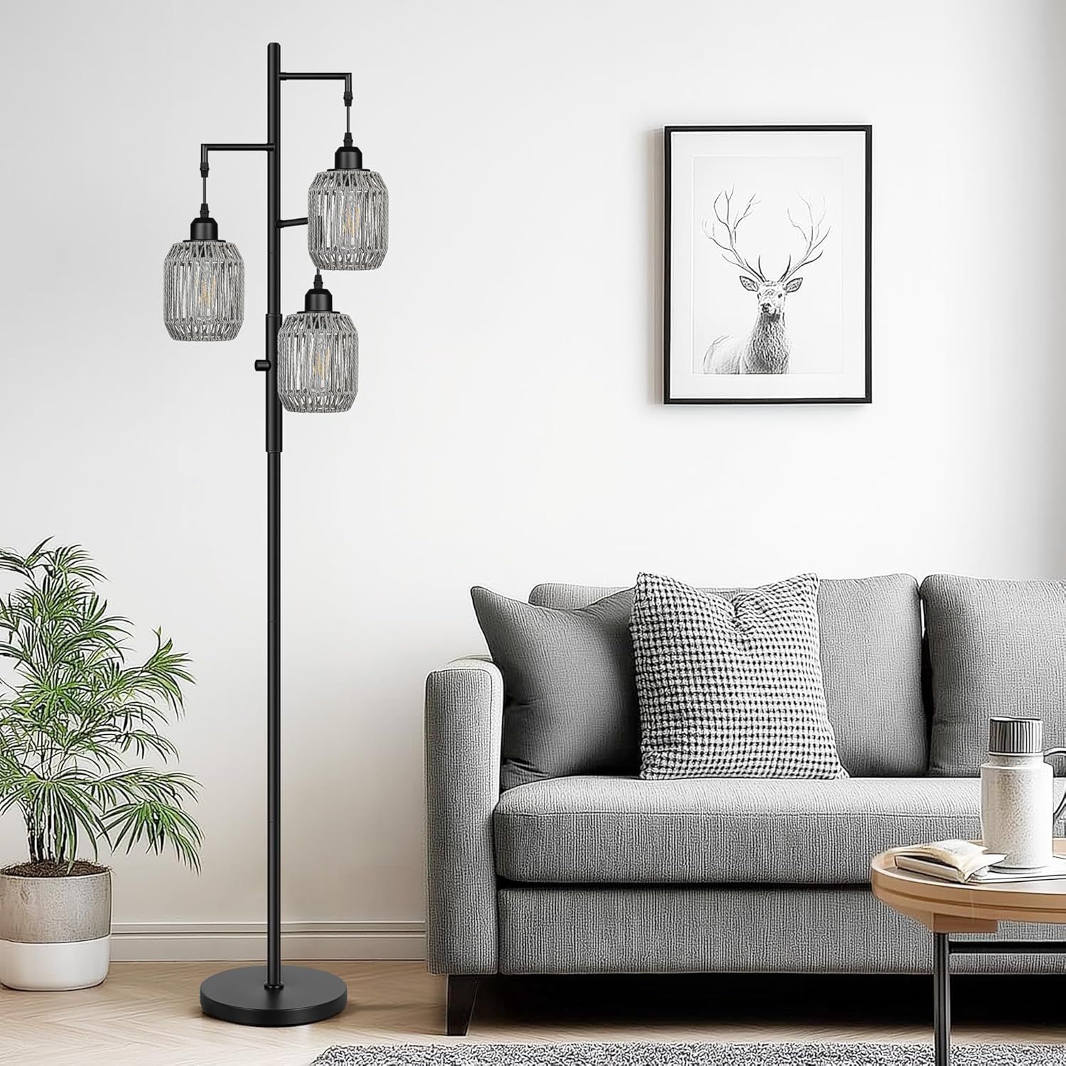 Black Adjustable Industrial Rattan 3-Light Floor Lamp