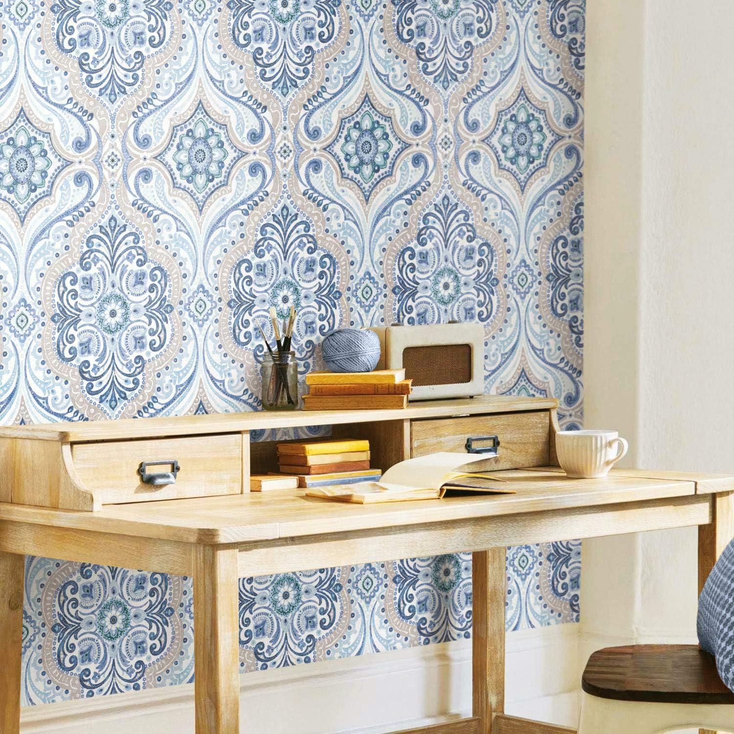 Blue and Tan Bohemian Damask Peel and Stick Wallpaper