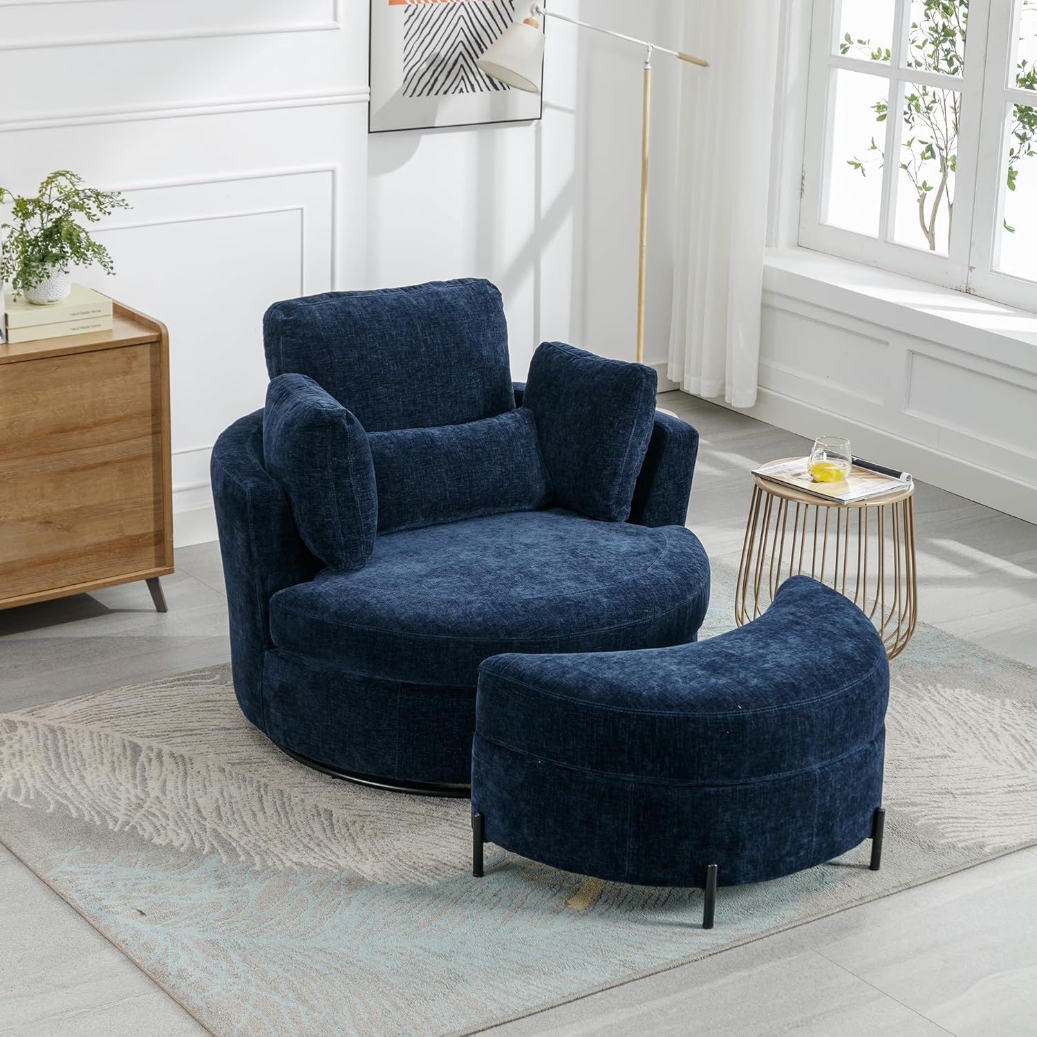 Navy Chenille Swivel Barrel Chair with Ottoman