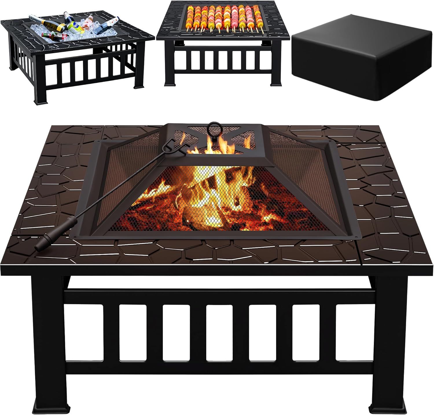 32'' Black Square Metal Fire Pit Table with Spark Screen and Rain Cover