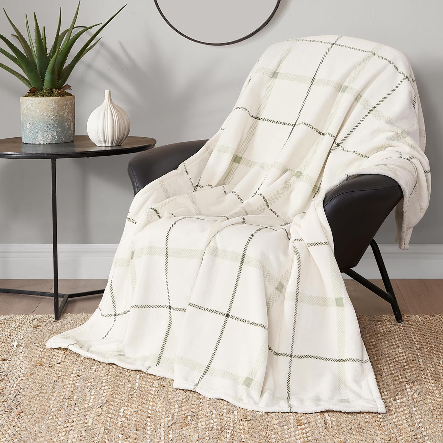 Palmdale White and Sage Green Plaid Microfiber Throw Blanket 50" x 70"