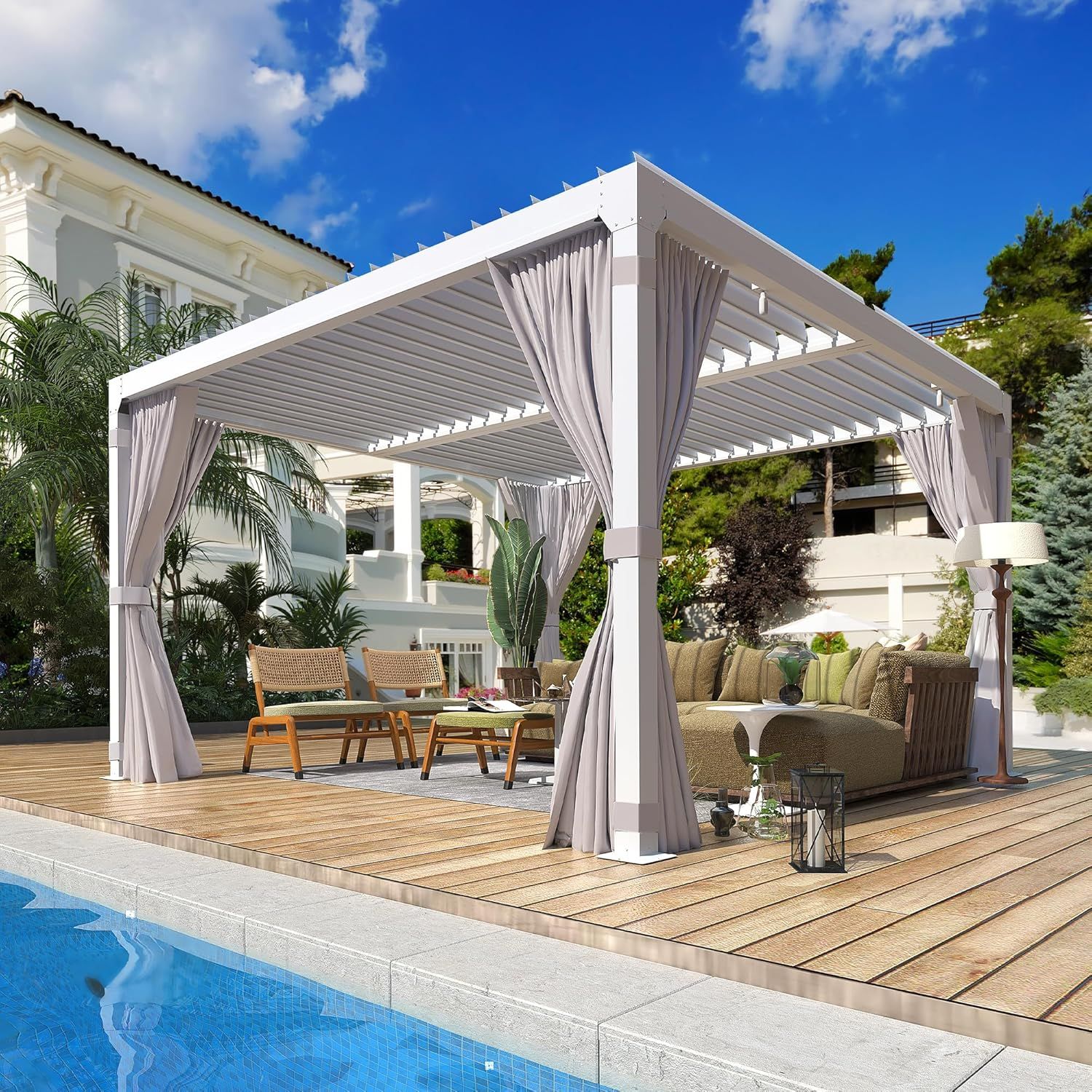 White Aluminum Pergola with Adjustable Roof and Curtains