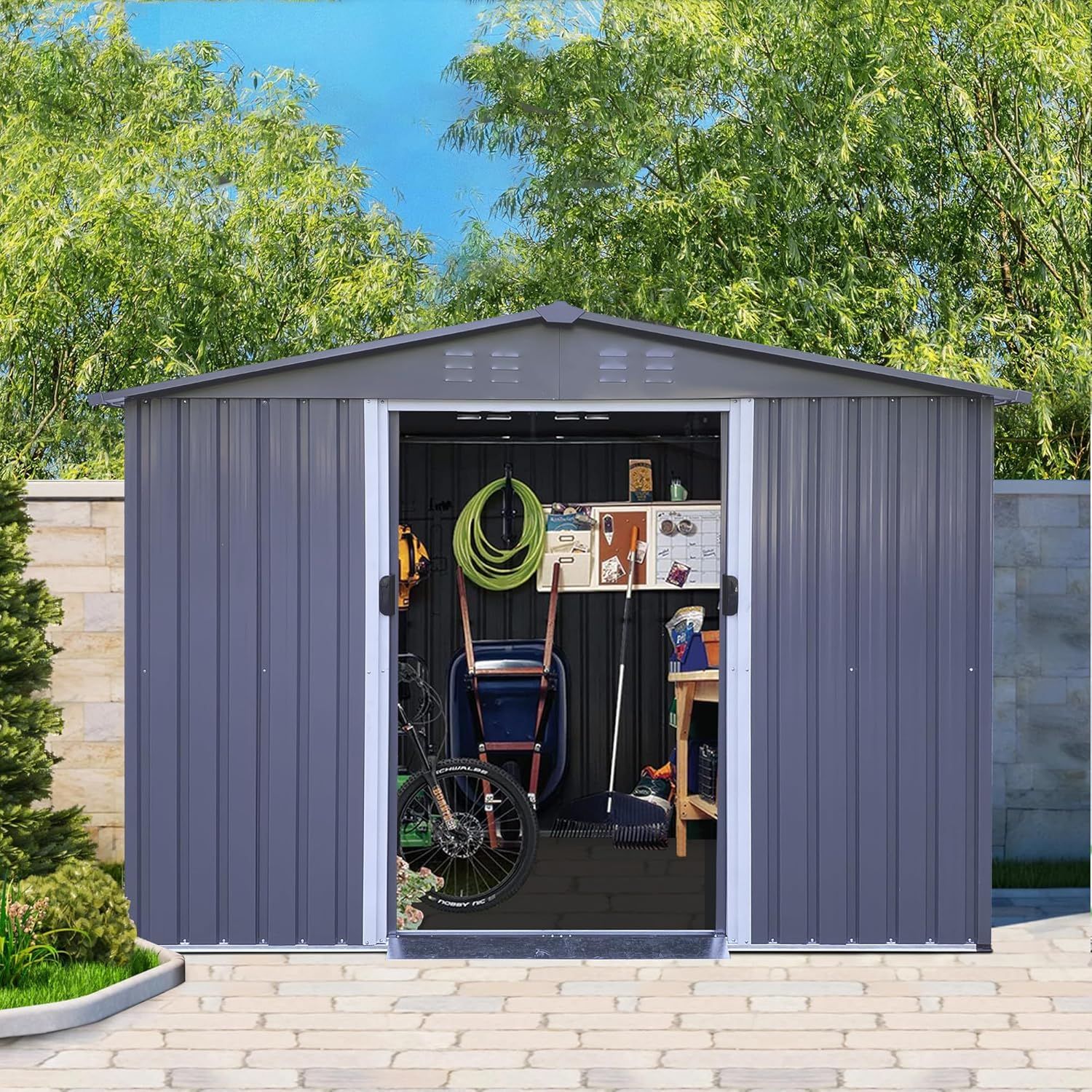 Dark Gray 8 x 6 FT Metal Outdoor Storage Shed with Sliding Doors