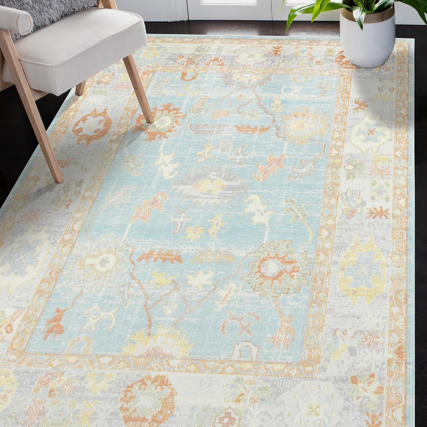 Aqua Bohemian Chic 8'9" x 11'9" Rectangular Easy-Care Area Rug