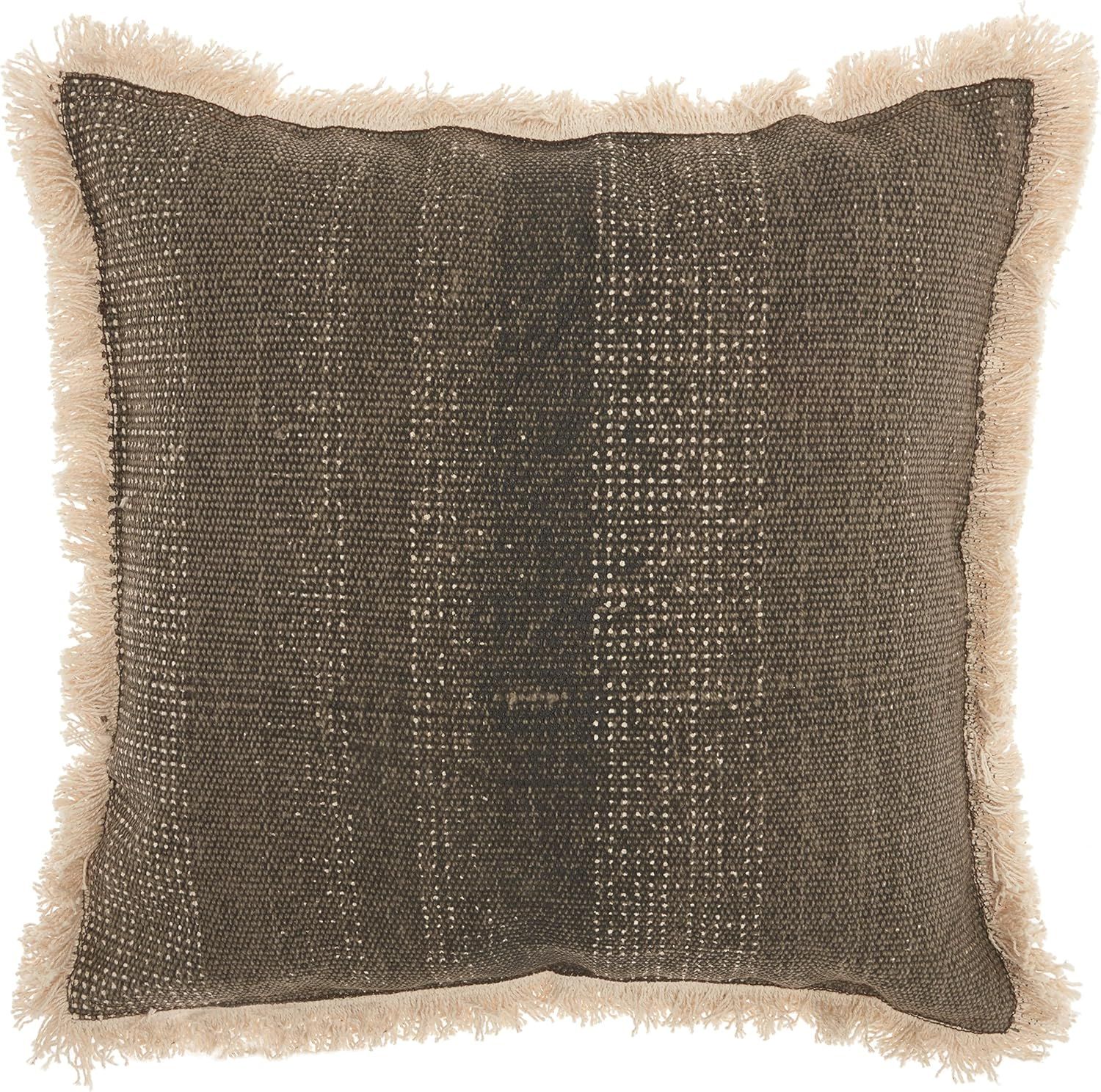 Charcoal Cotton Stonewash Square Throw Pillow with Fringe