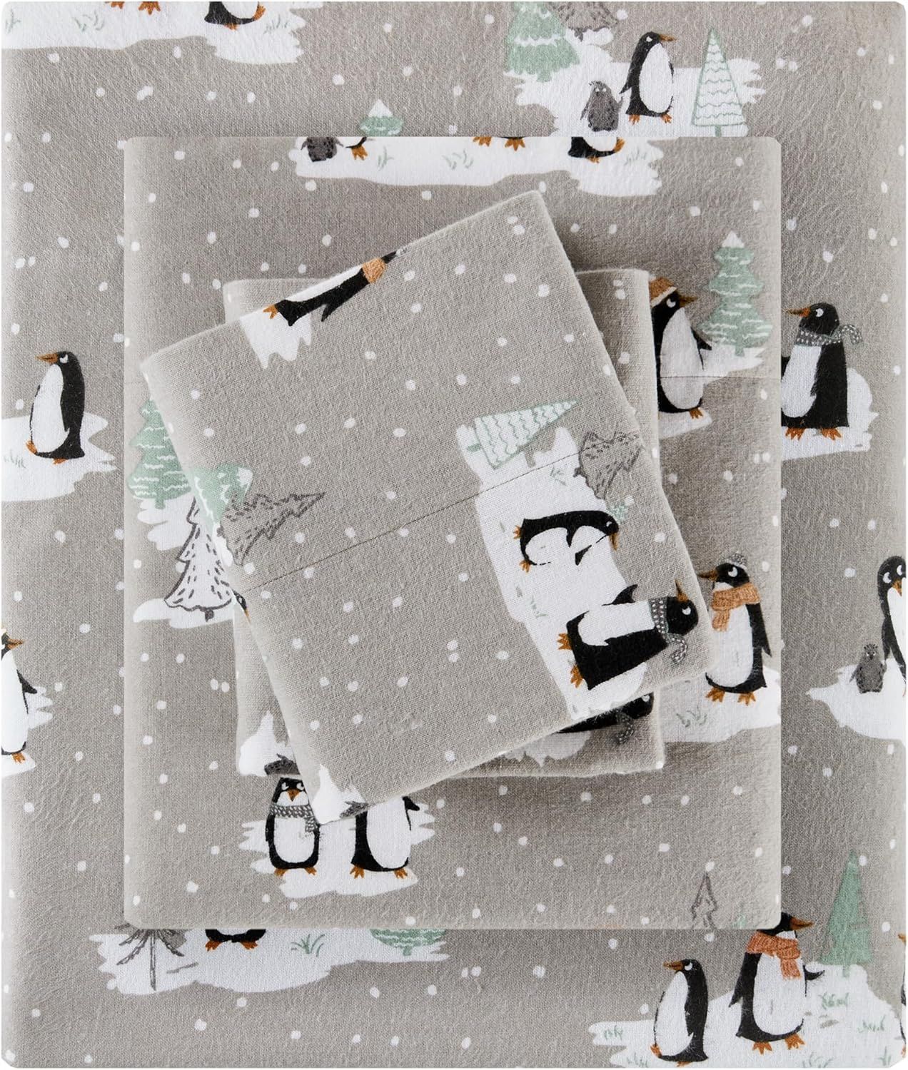 Gray Cotton Flannel Queen Sheet Set with Penguin Print