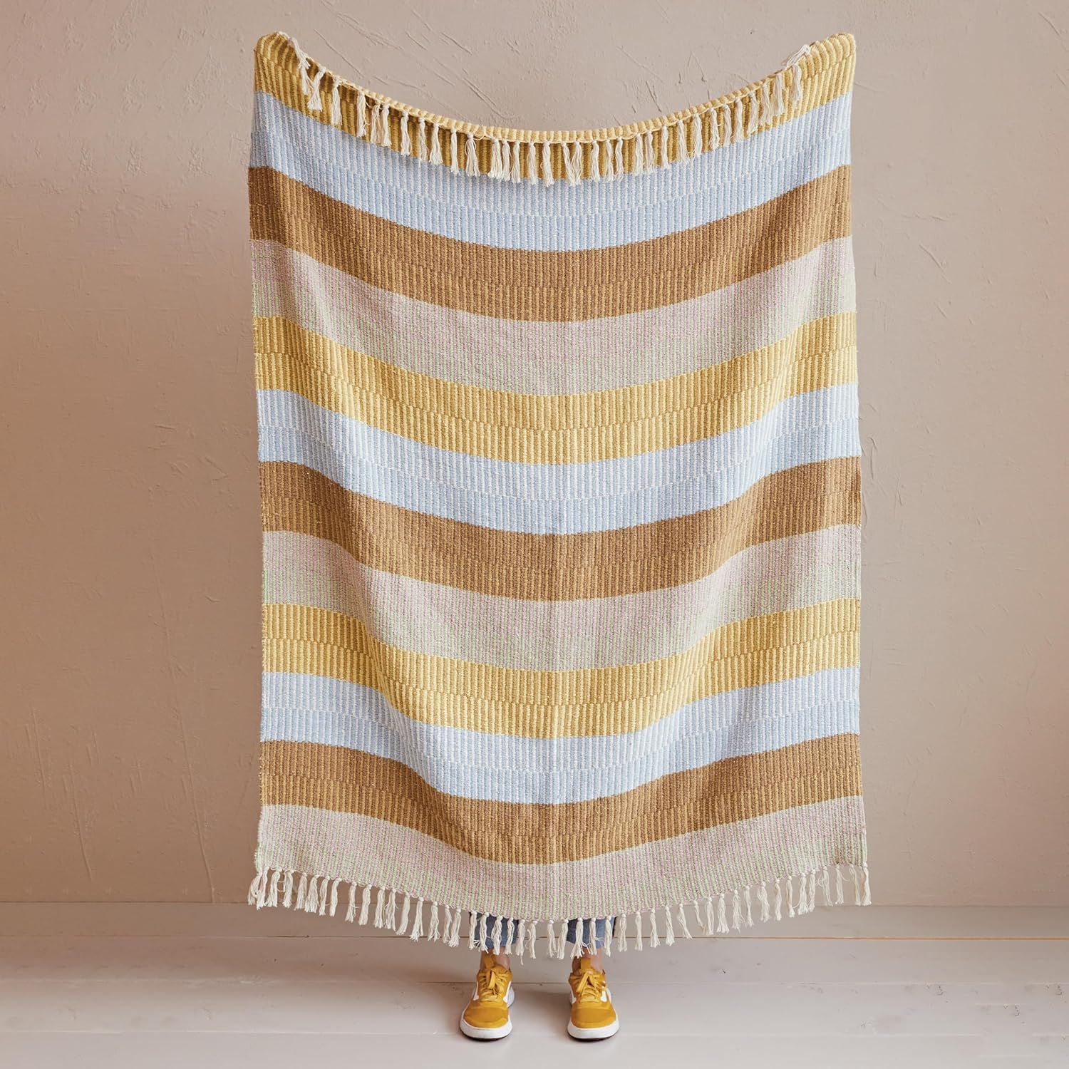 60" Brown and Cream Striped Cotton Throw Blanket