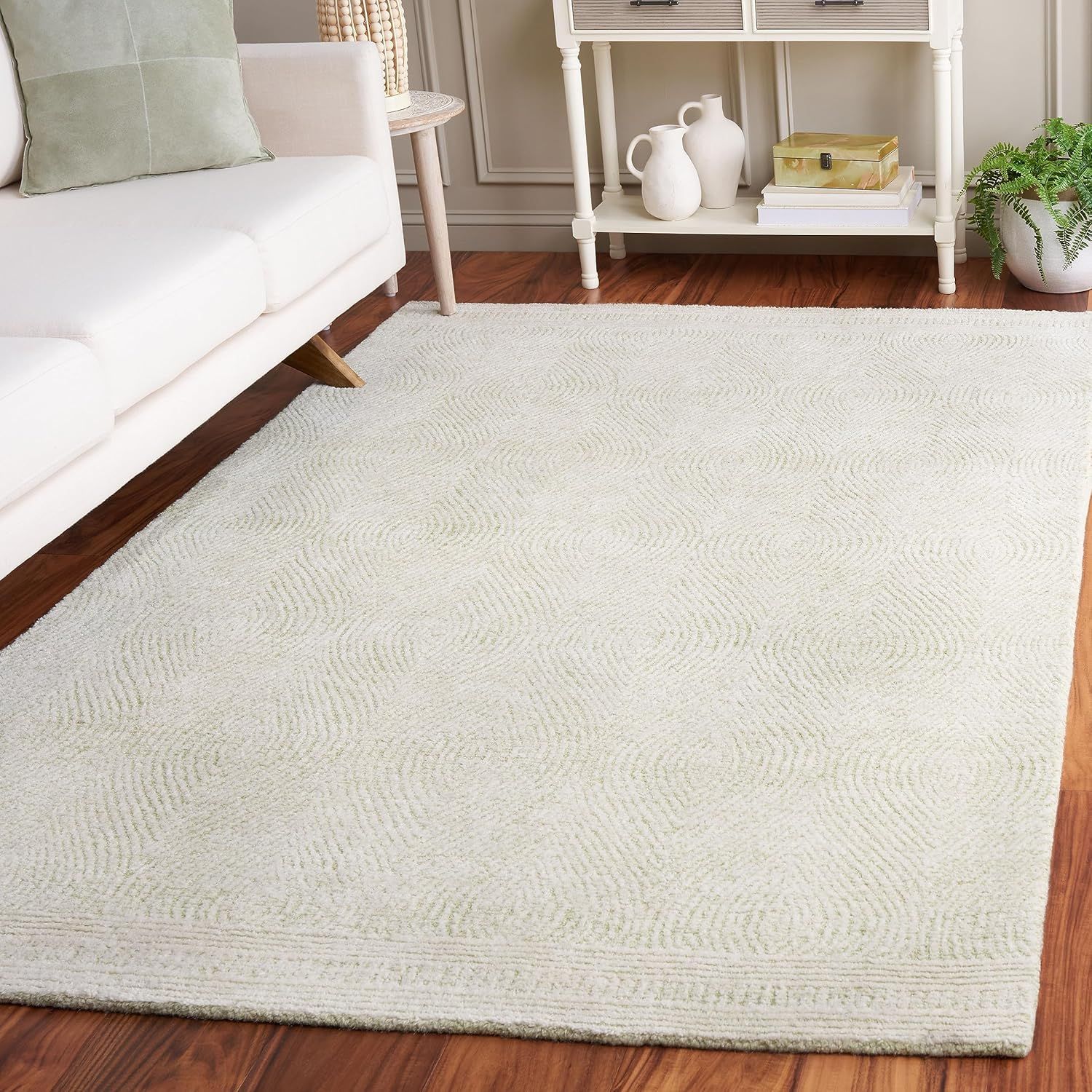 Handmade Green and Ivory Wool Abstract 5' x 8' Area Rug