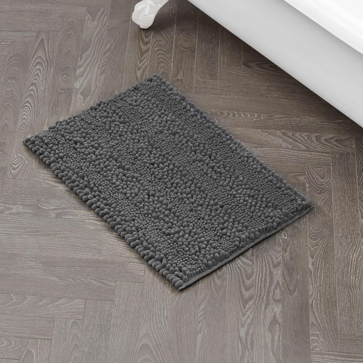 Dark Gray Chenille Non-Slip Bath Mat with Rubber Backing