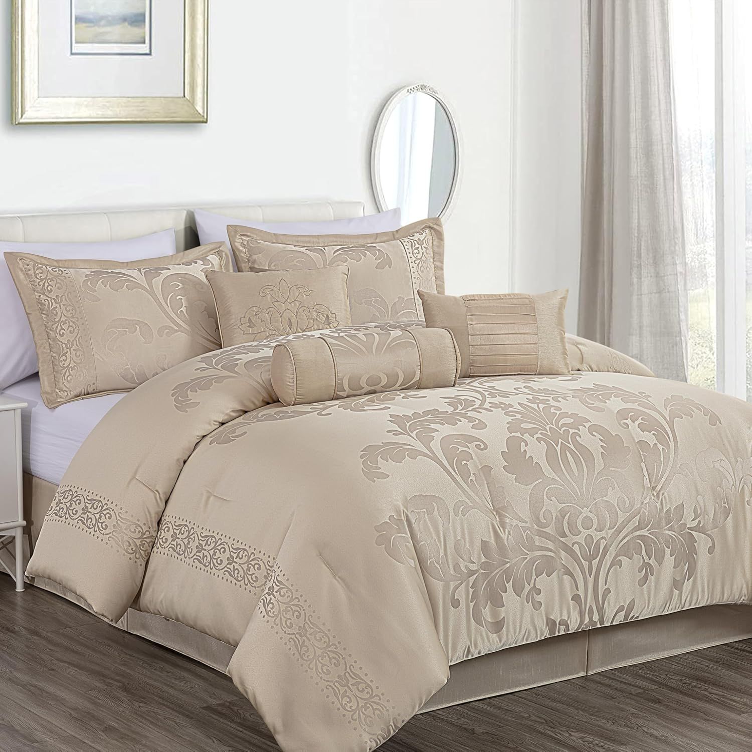 Champagne Jacquard Floral Queen Comforter Set with Decorative Pillows