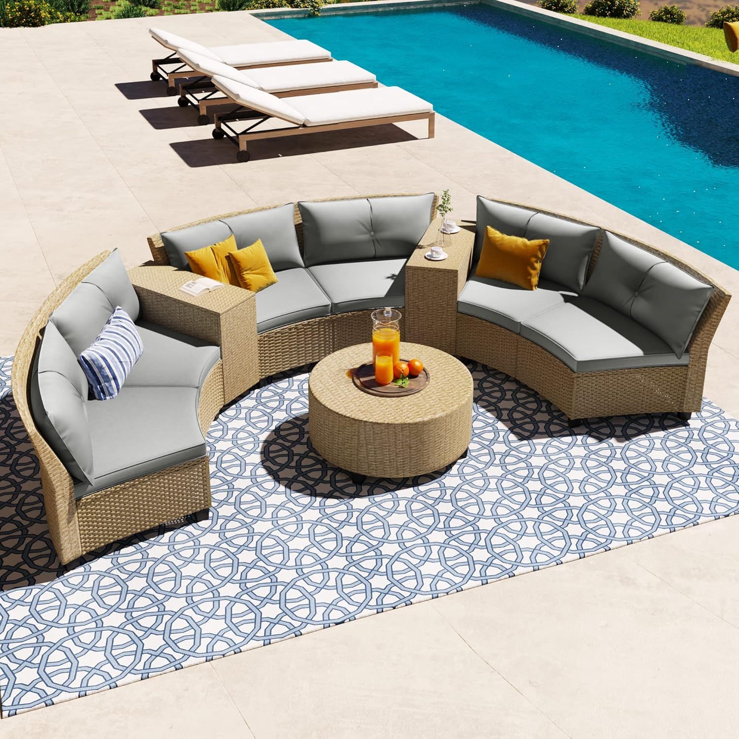 6-Person Gray Rattan Outdoor Sofa Set with Cushions and Table