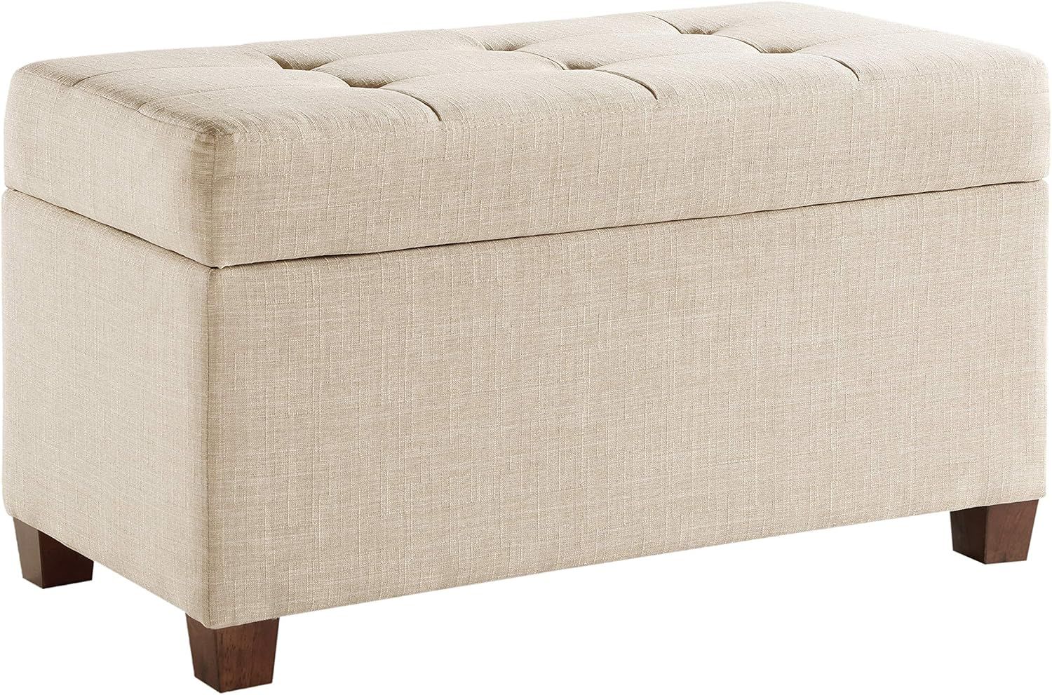 Cream Tufted Fabric Storage Ottoman with Wood Legs