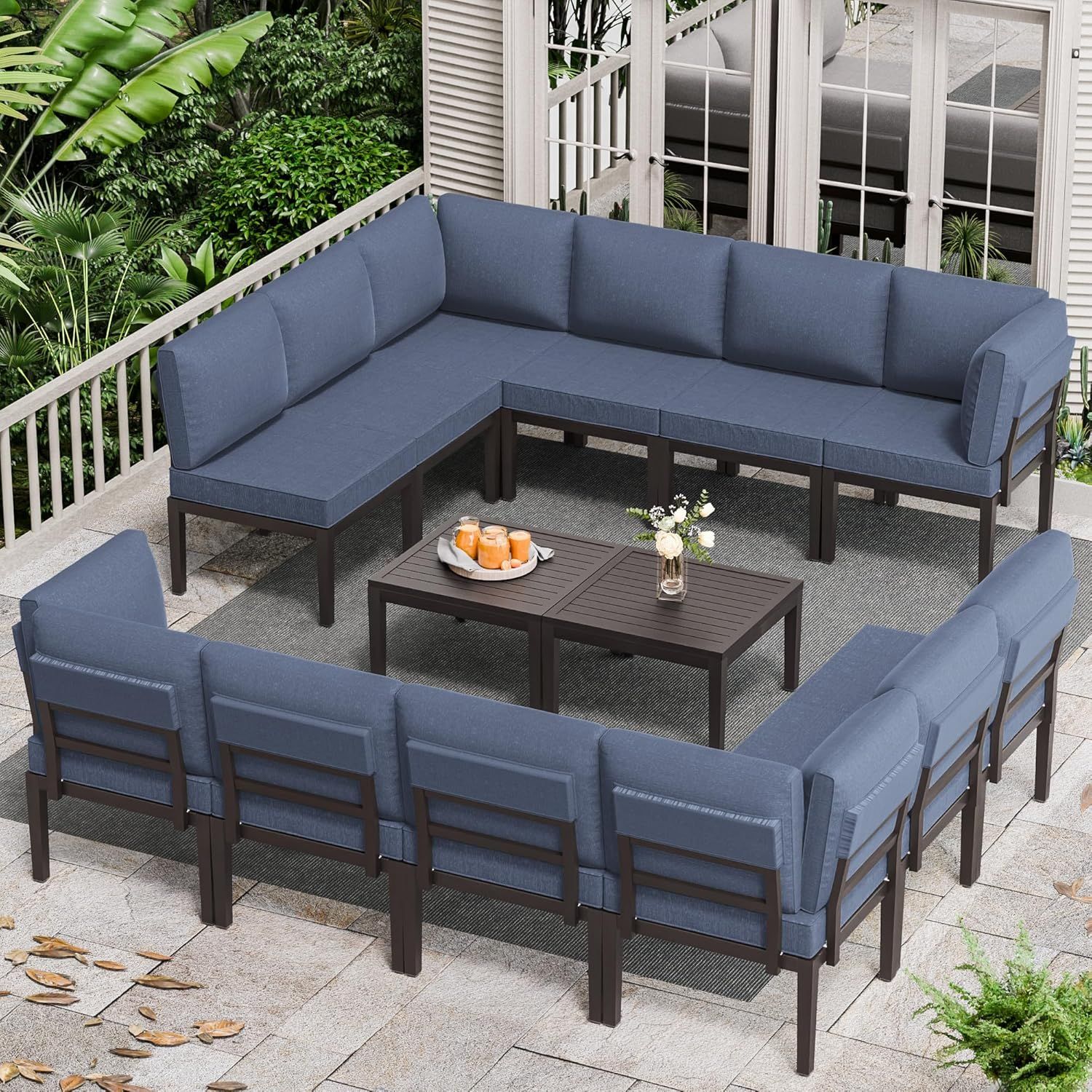 Navy Blue 14-Piece Iron Patio Sectional Set with Cushions