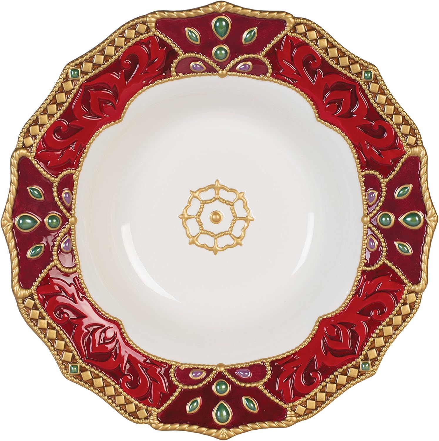 Opulent Red and Gold Ceramic Christmas Serving Bowl, 13 Inches