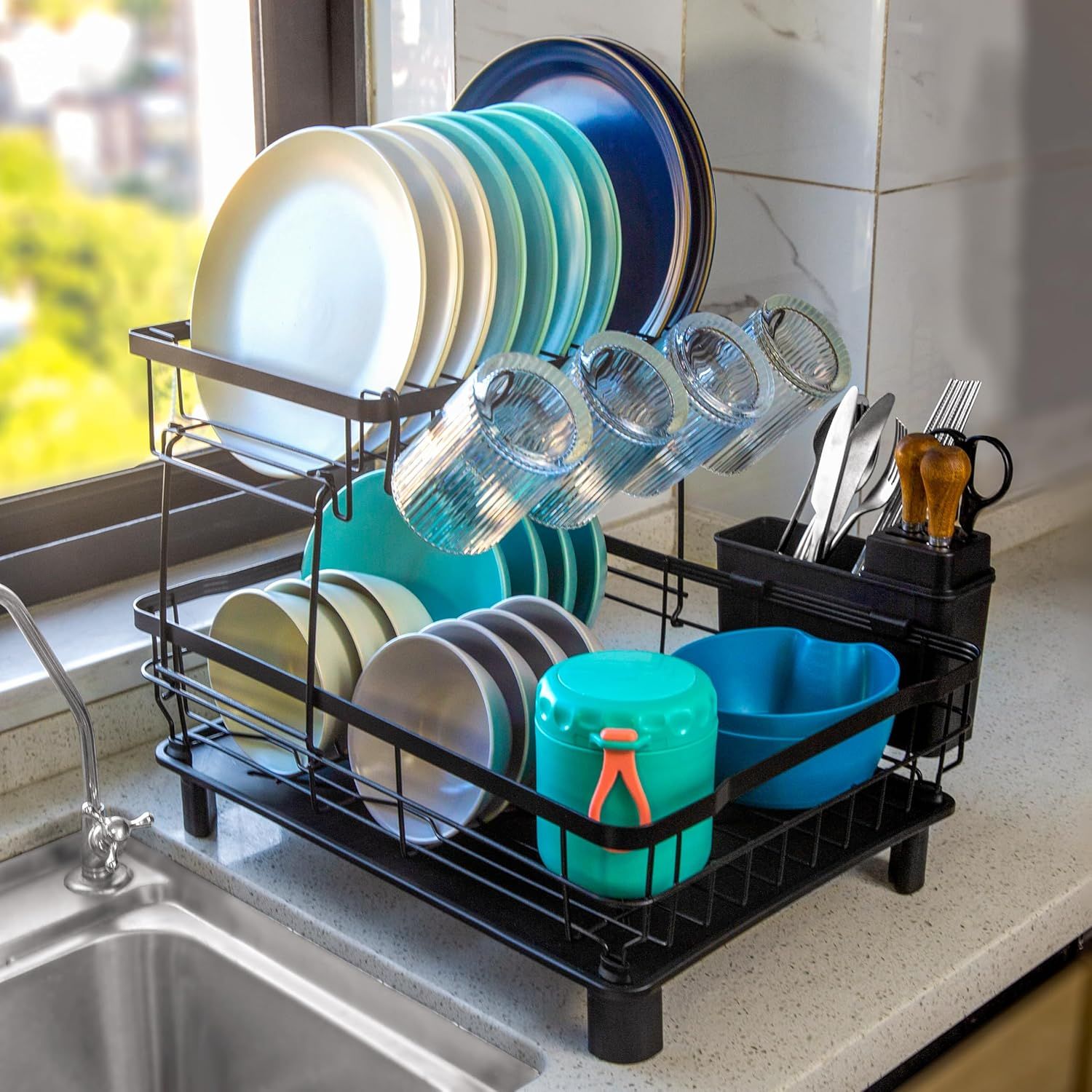 Black 2-Tier Metal Dish Drying Rack with Utensil Cup
