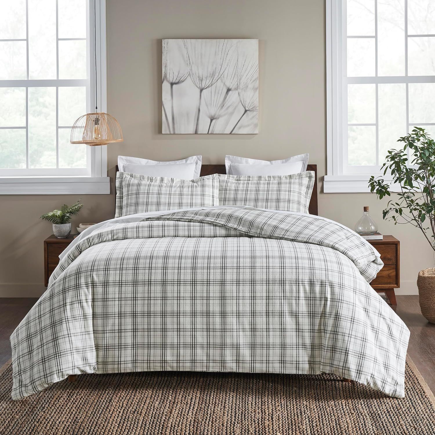 Charcoal Plaid Flannel Cotton King/California King Duvet Cover Set