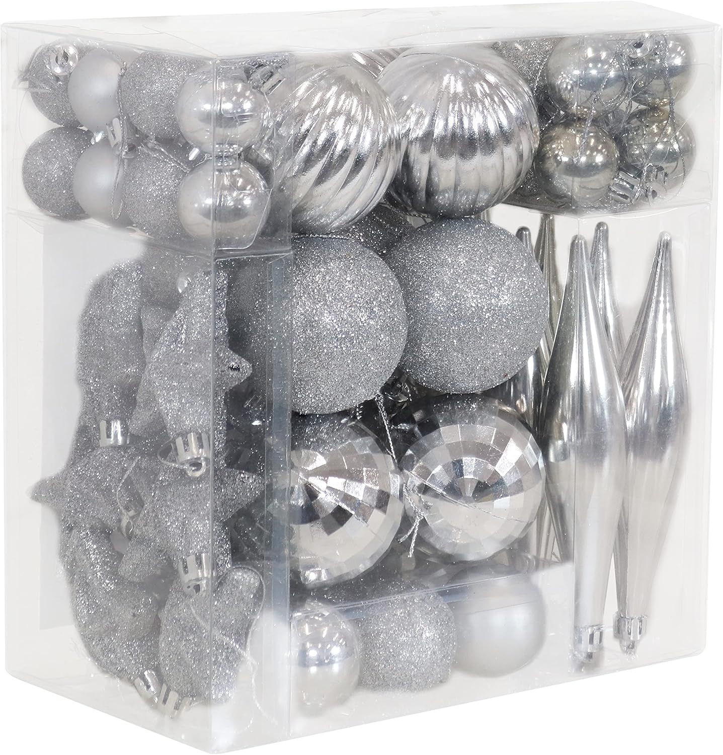 Silver Shatterproof Plastic Christmas Ornament Set, 59-Count