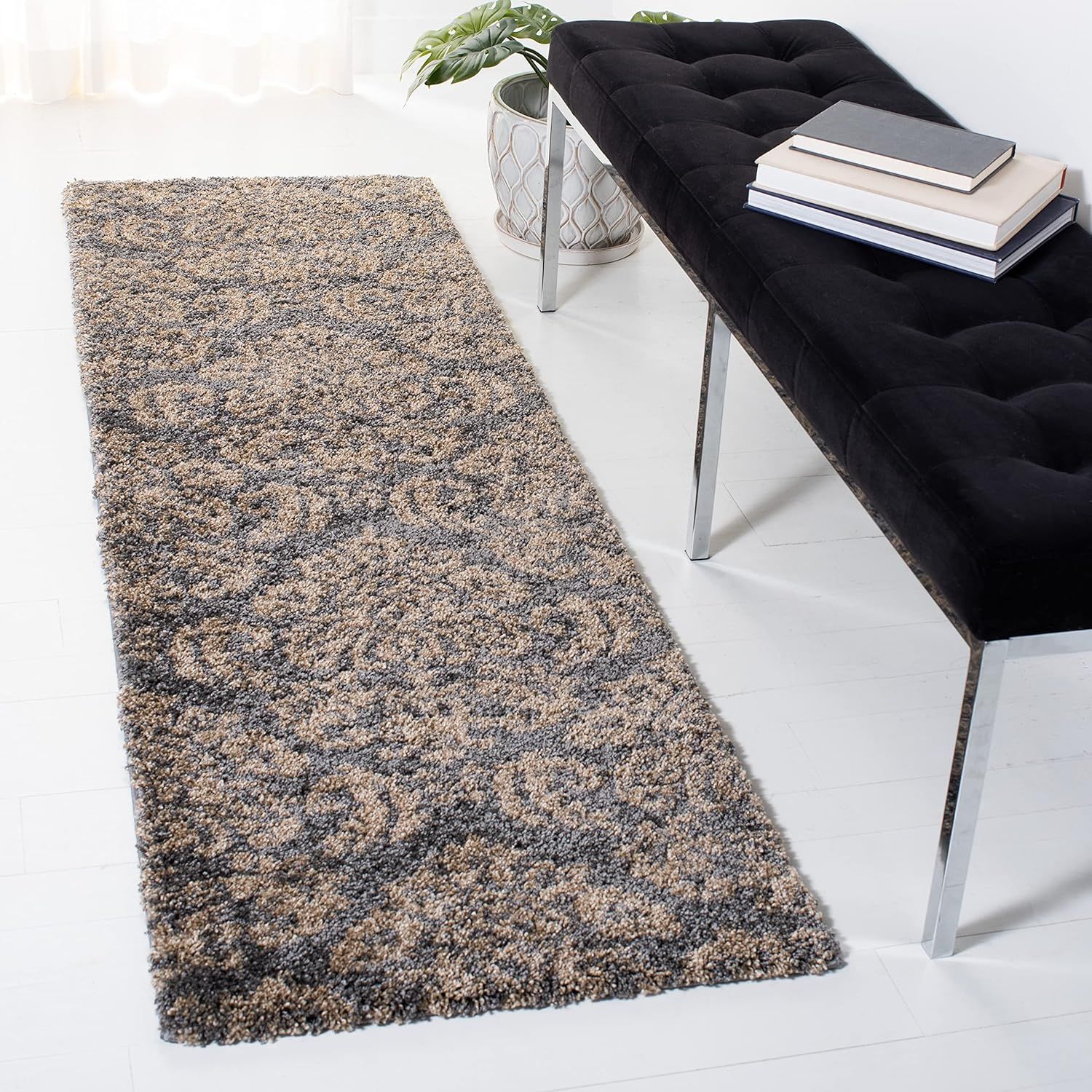 Elegant Grey Beige Floral Shag Runner Rug, 2'3" x 7', Easy Care