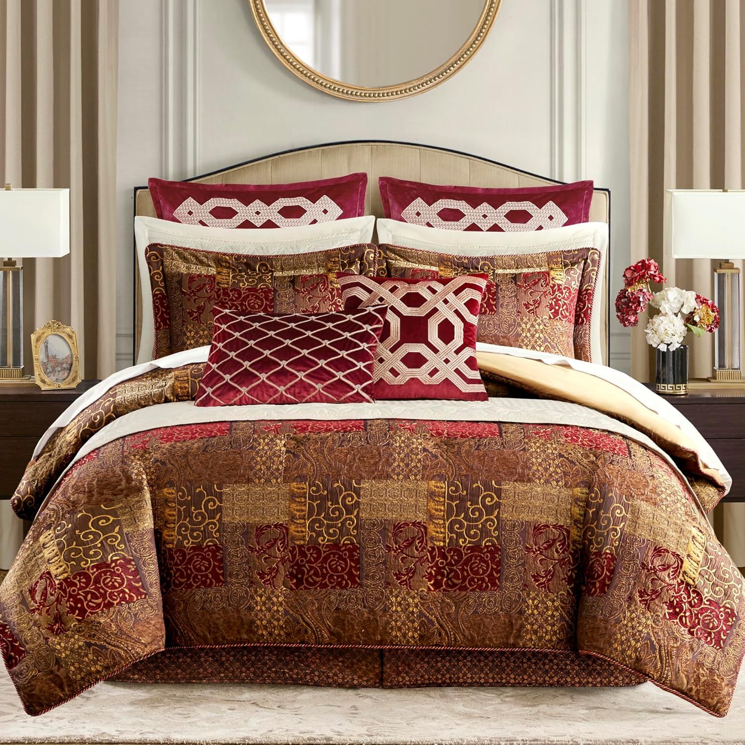 California King Red Microfiber Jacquard Comforter Set