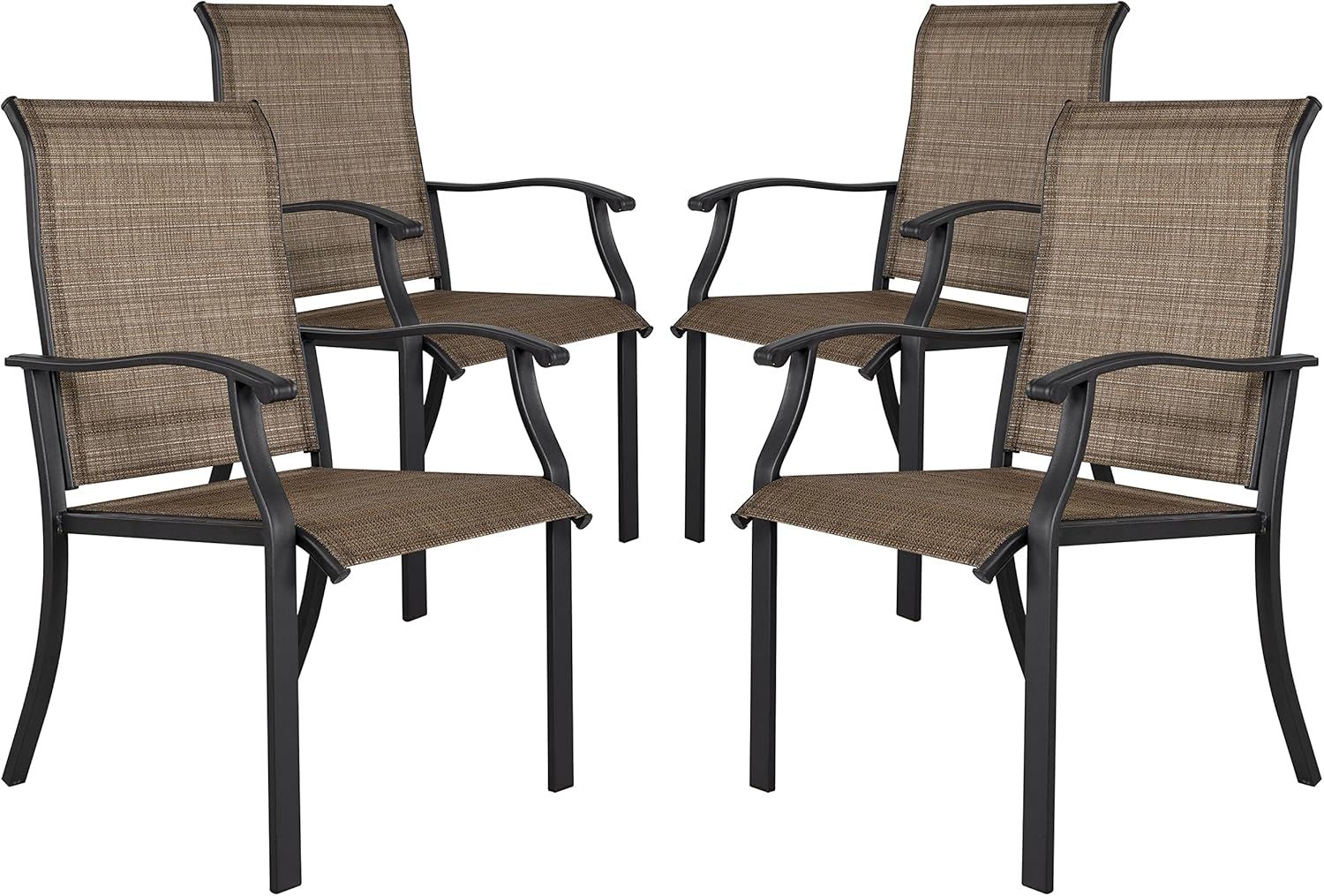 Black and Brown Steel Frame Outdoor Dining Chairs with Armrests