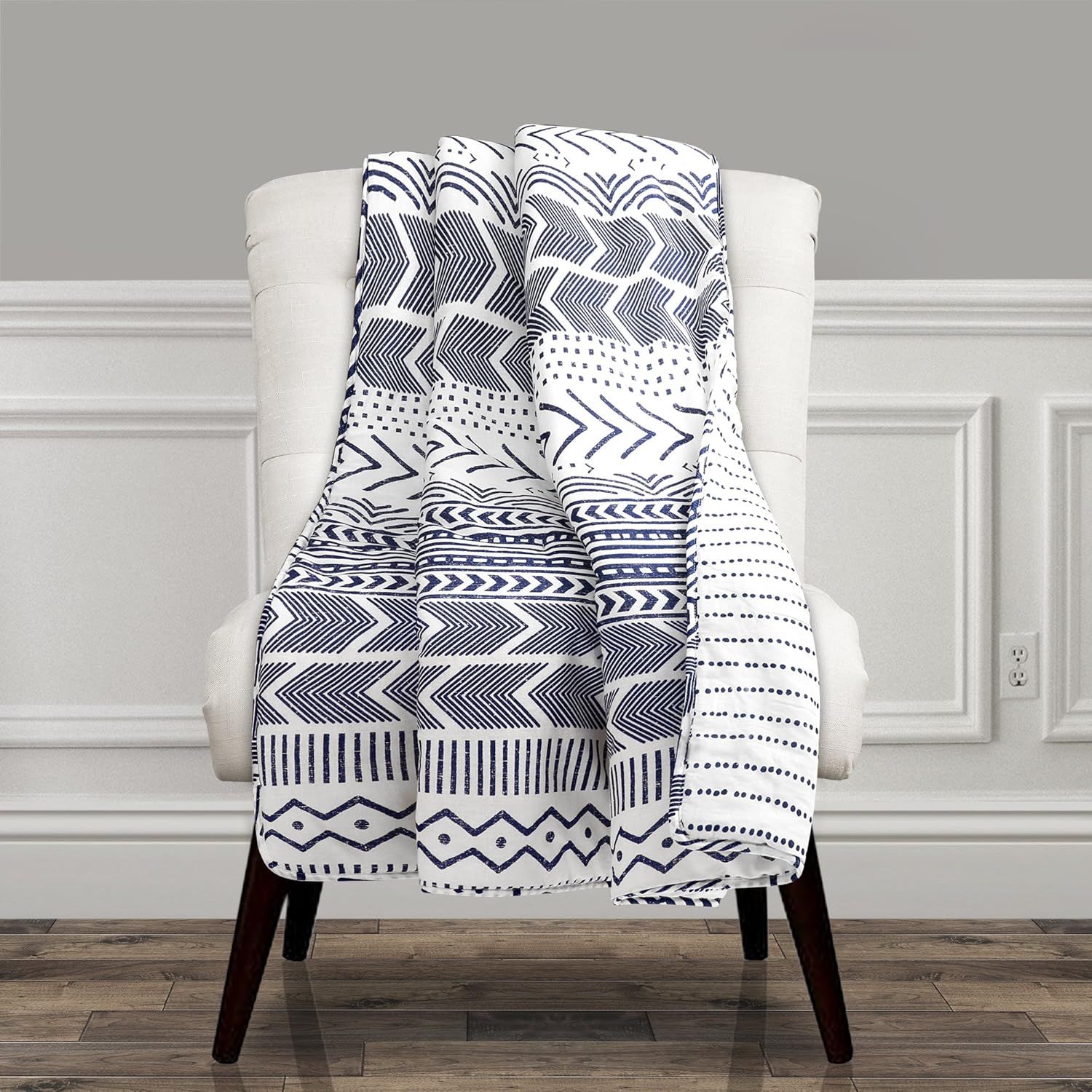 Navy and White Cotton Geometric Reversible Throw Blanket